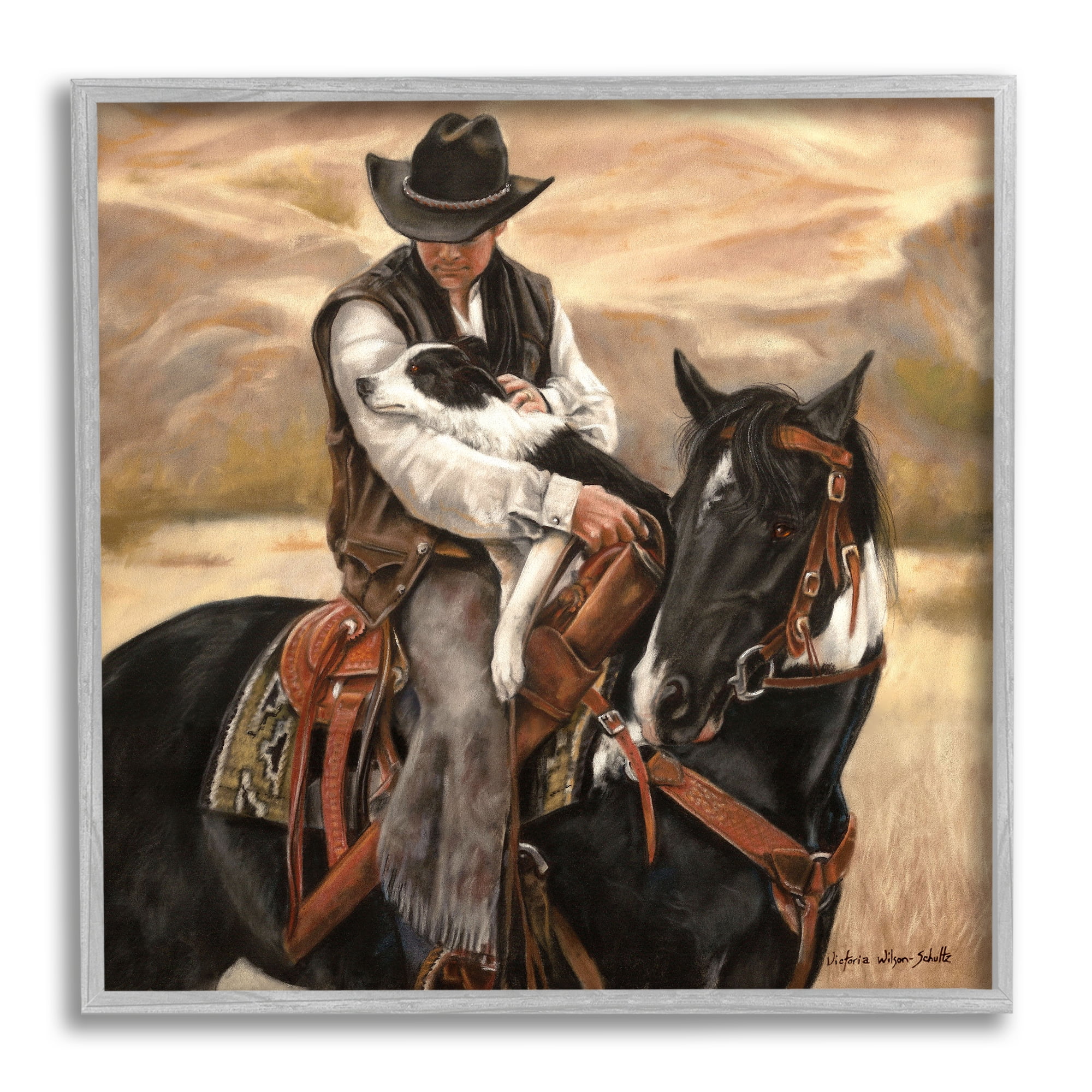 Stupell Industries Cowboy with Dog Landscape Animals & Insects Painting Gray Framed Art Print Wall Art, 12 x 12