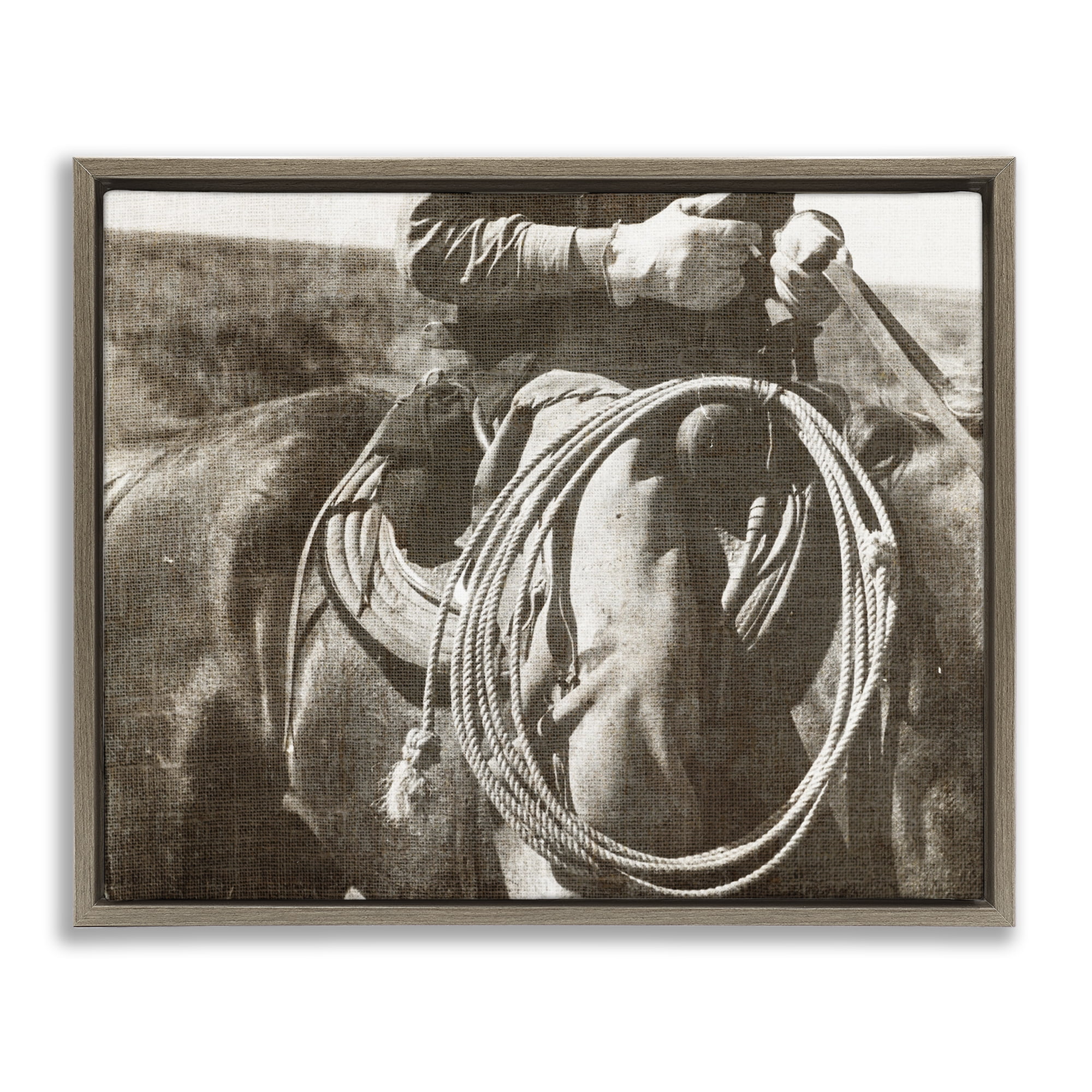 Stupell Industries Cowboy with Lasso Novelty Photography Brown Floater Framed Art Print Wall Art, 31 x 25