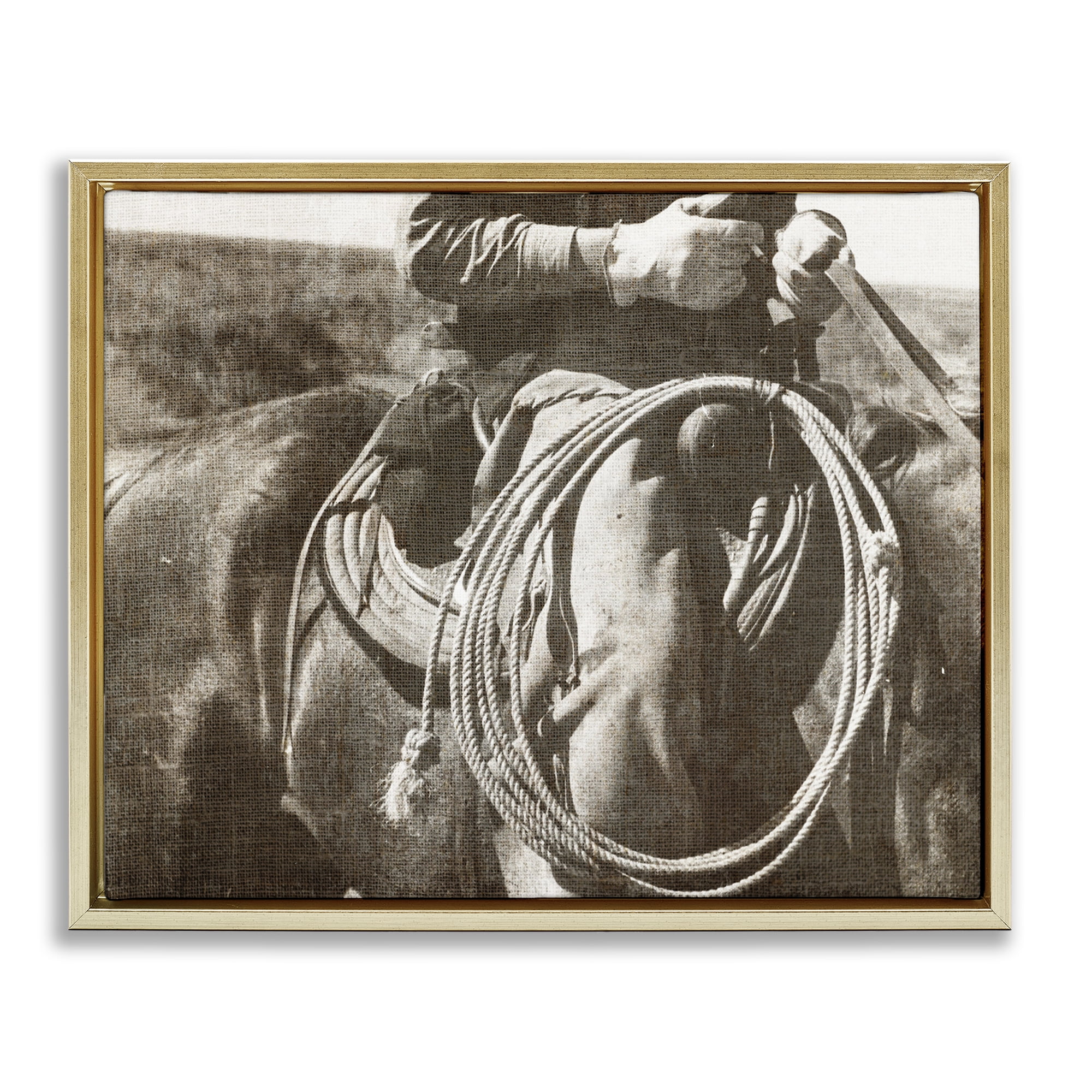 Stupell Industries Cowboy with Lasso Novelty Photography Gold Floater Framed Art Print Wall Art, 21 x 17