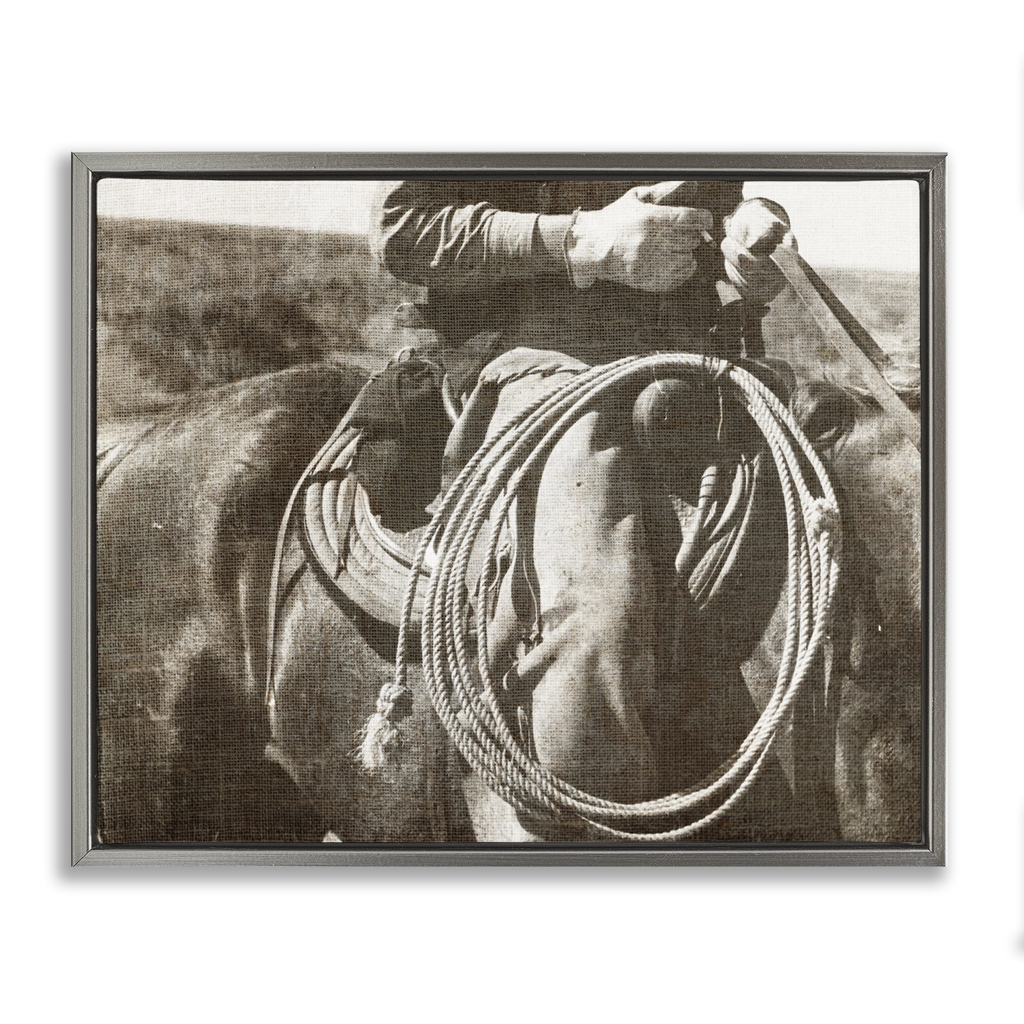 Stupell Industries Cowboy with Lasso Novelty Photography Gray Floater Framed Art Print Wall Art, 31 x 25