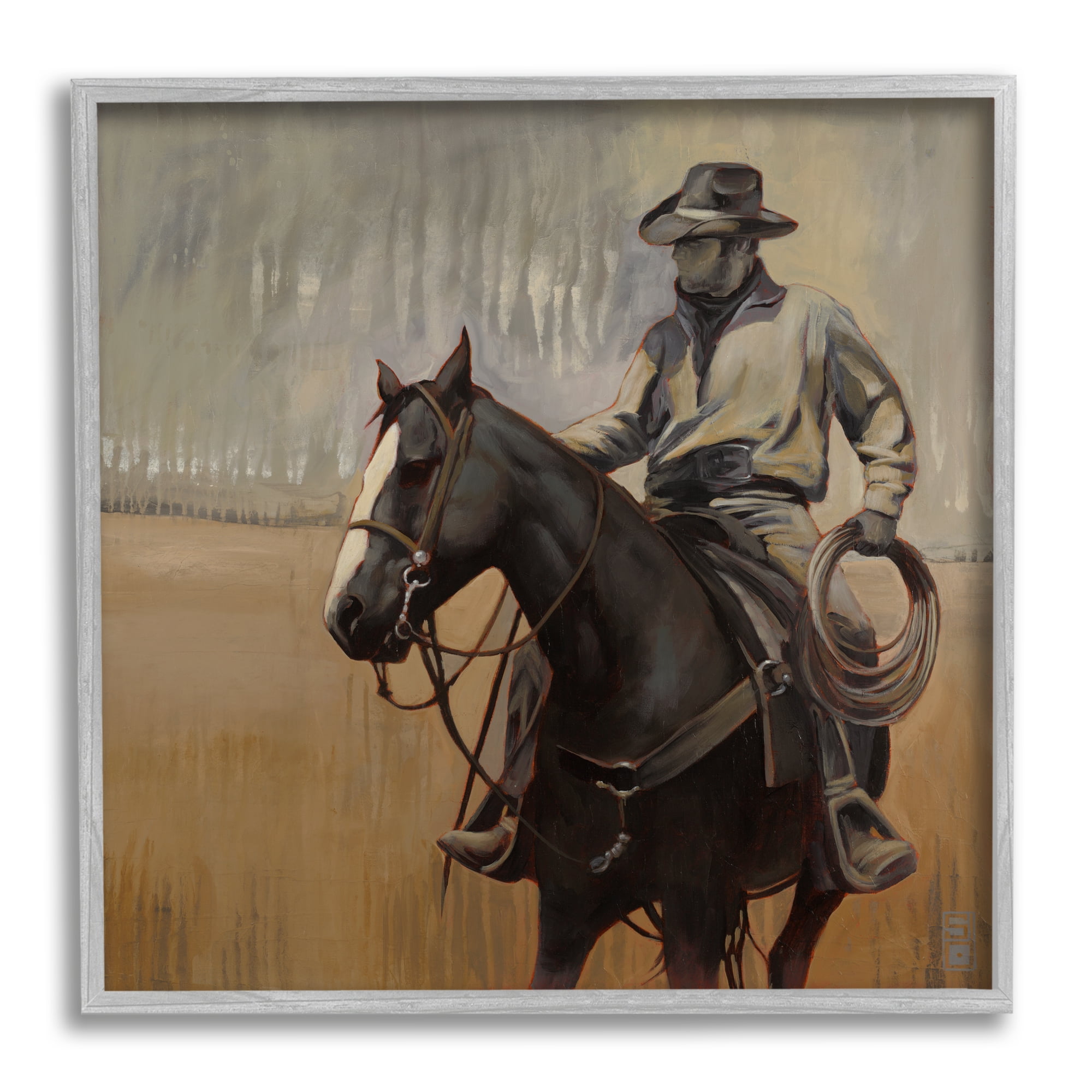 Stupell Industries Cowboy with Modern Splash Animals & Insects Painting Gray Framed Art Print Wall Art, 12 x 12