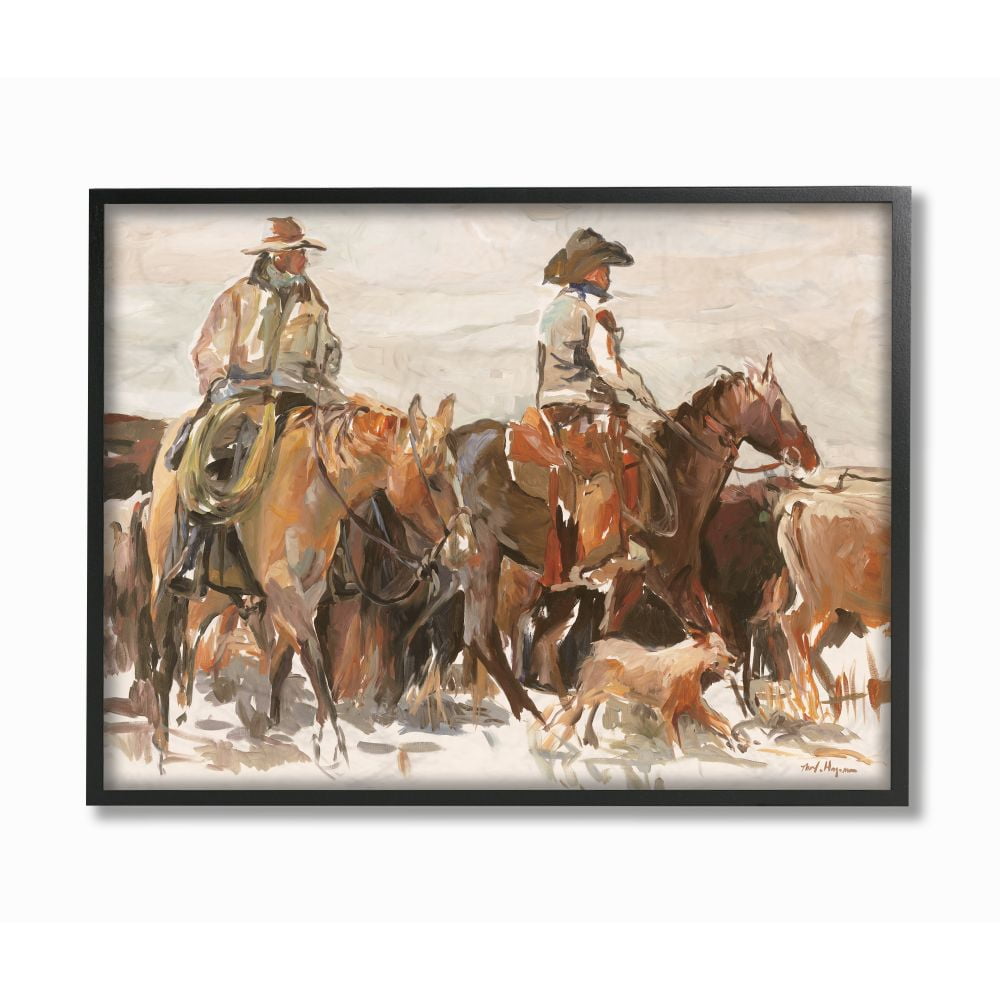 Western Cowboys and Horses Abstract Canvas Print with Black Frame