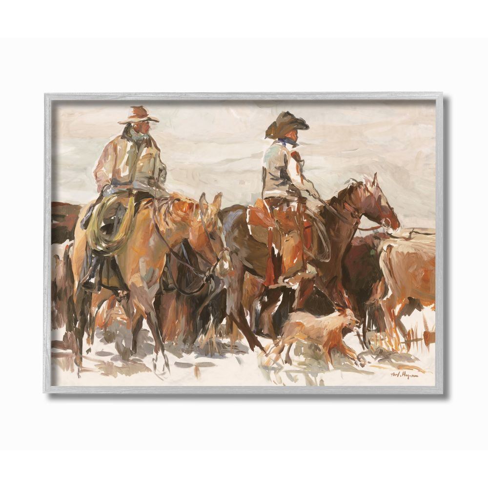 Stupell Industries Cowboys And Horses Farm Western Painting Gray Framed Art Print Wall Art, 11x14, by Marilyn Hageman