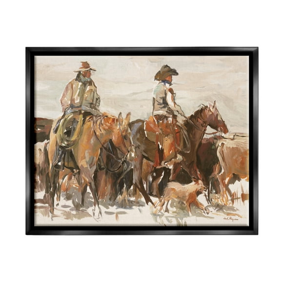 Stupell Industries Cowboys And Horses Farm Western Painting Jet Black Framed Floating Canvas Wall Art, 16x20, by Marilyn Hageman