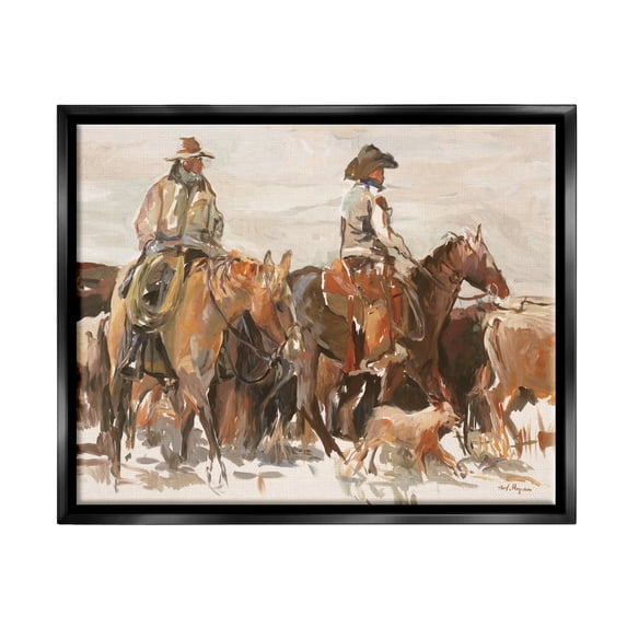 Stupell Industries Cowboys And Horses Farm Western Painting Jet Black Framed Floating Canvas Wall Art, 16x20, by Marilyn Hageman