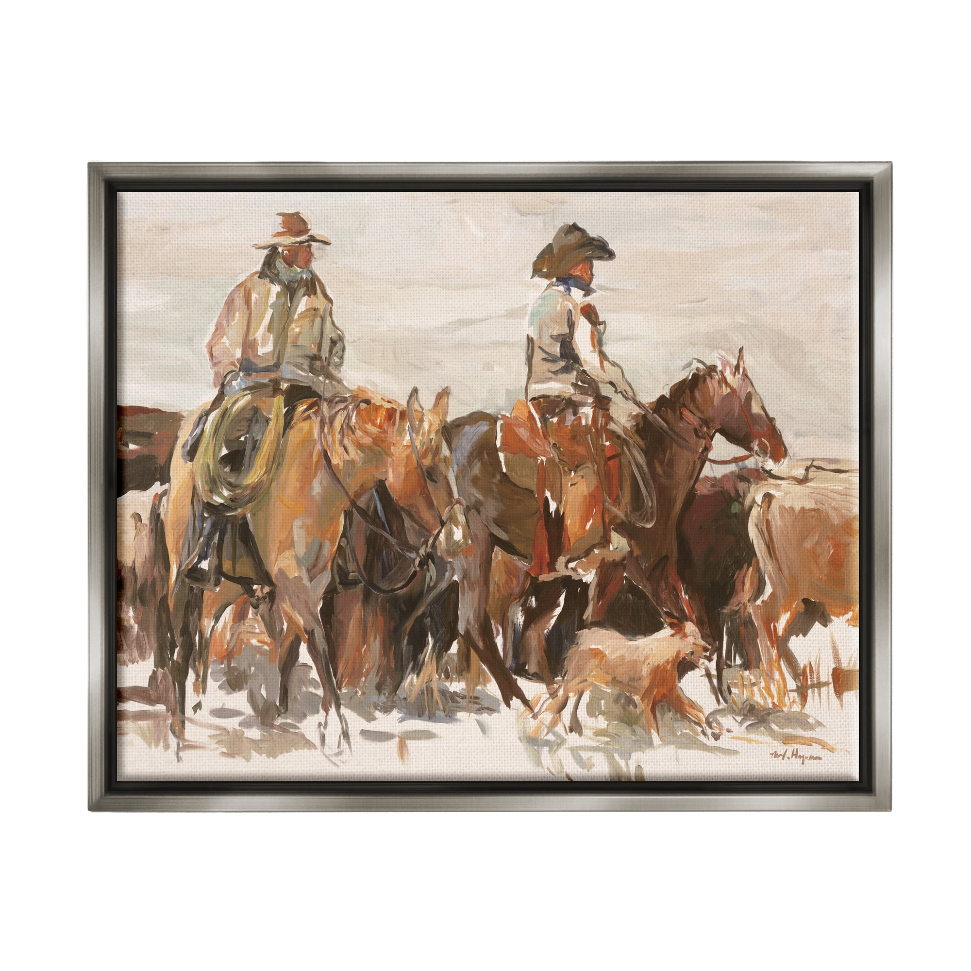 Stupell Industries Cowboys And Horses Farm Western Painting Luster Gray Framed Floating Canvas Wall Art, 16x20, by Marilyn Hageman