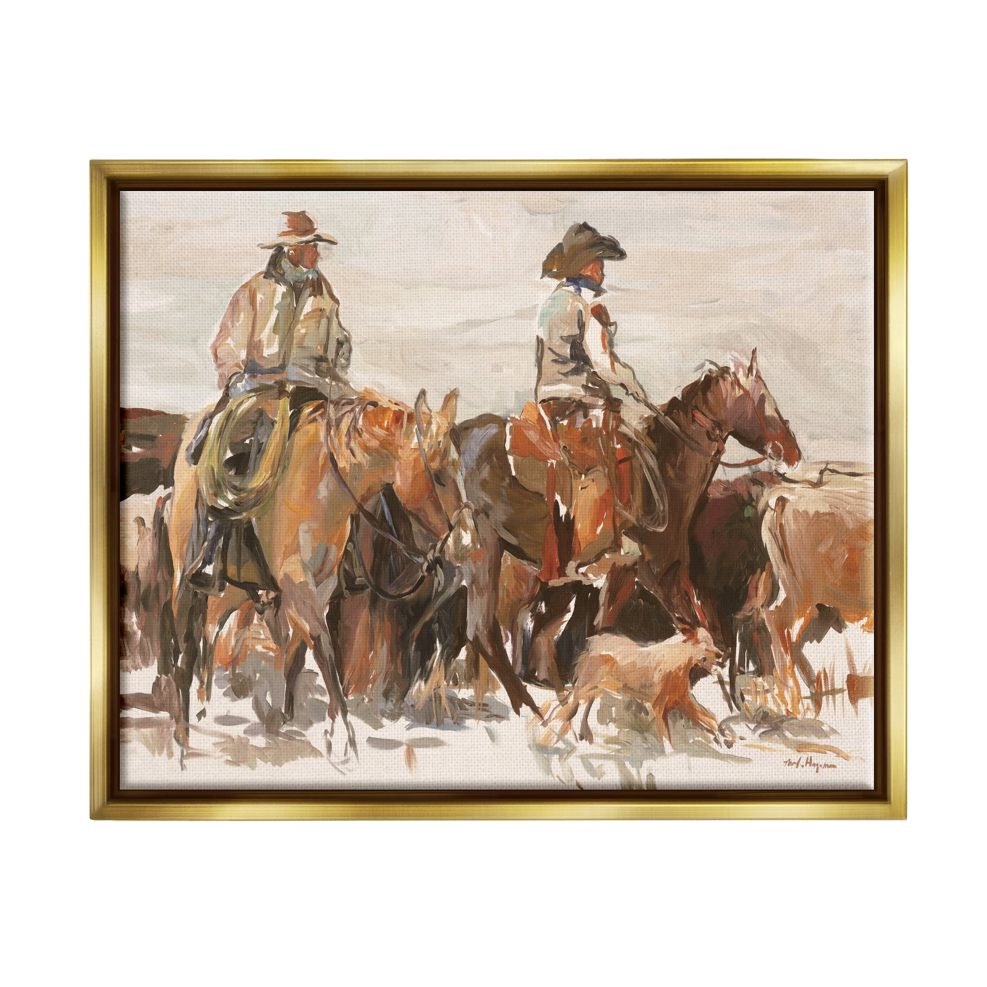 Stupell Industries Cowboys And Horses Farm Western Painting Metallic Gold Framed Floating Canvas Wall Art, 24x30, by Marilyn Hageman
