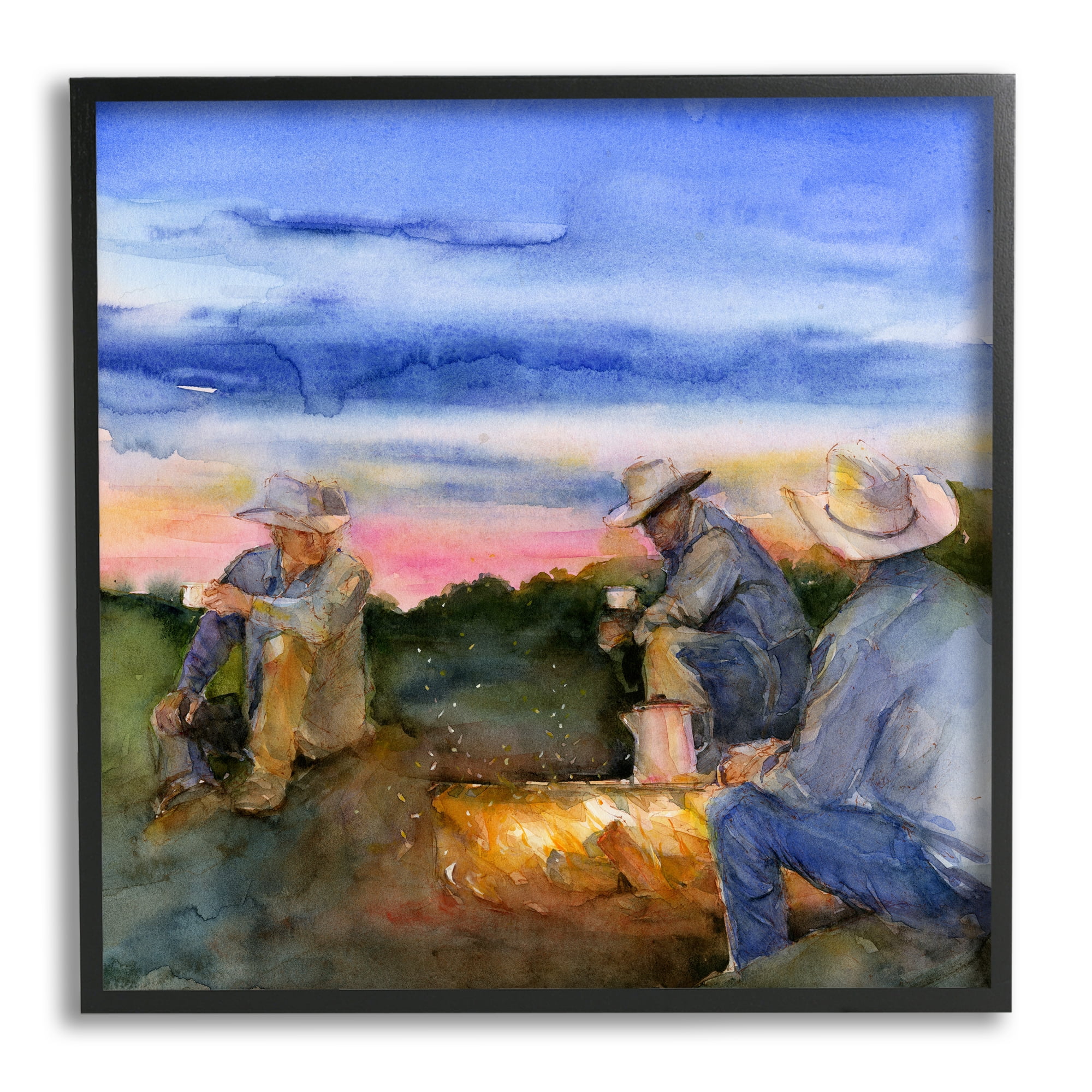 Stupell Industries Cowboys Around Campfire Landscape Painting Black Framed Art Print Wall Art, 24 x 24