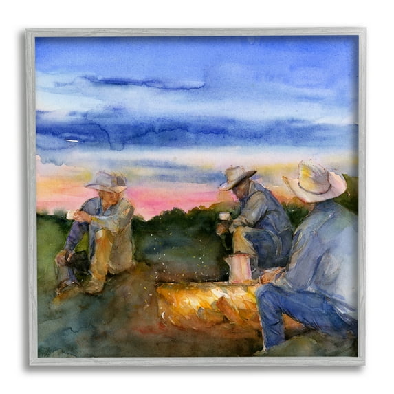Stupell Industries Cowboys Around Campfire Landscape Painting Gray Framed Art Print Wall Art, 12 x 12