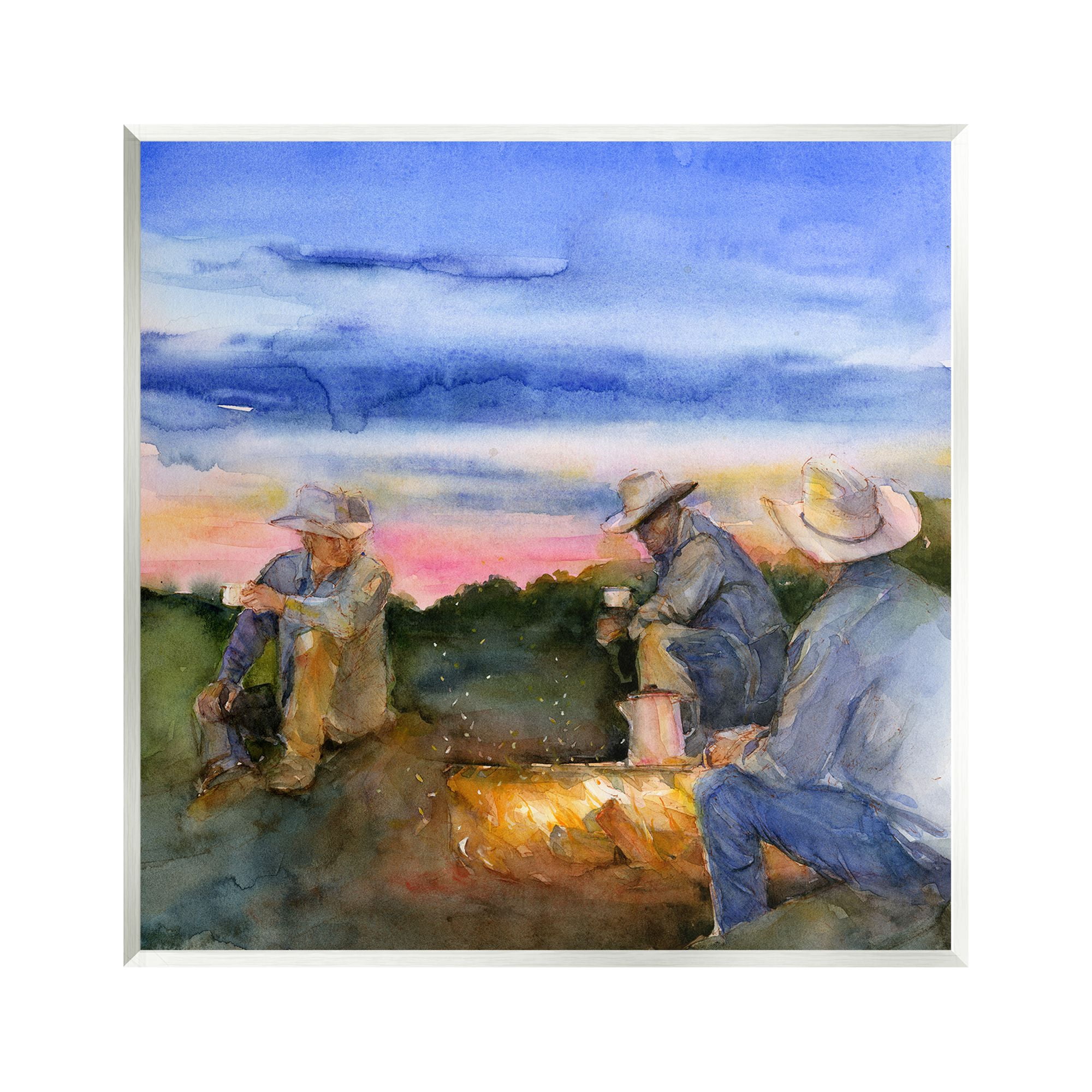 Stupell Industries Cowboys Around Campfire Landscape Painting Unframed Art Print Wall Art, 12 x 12
