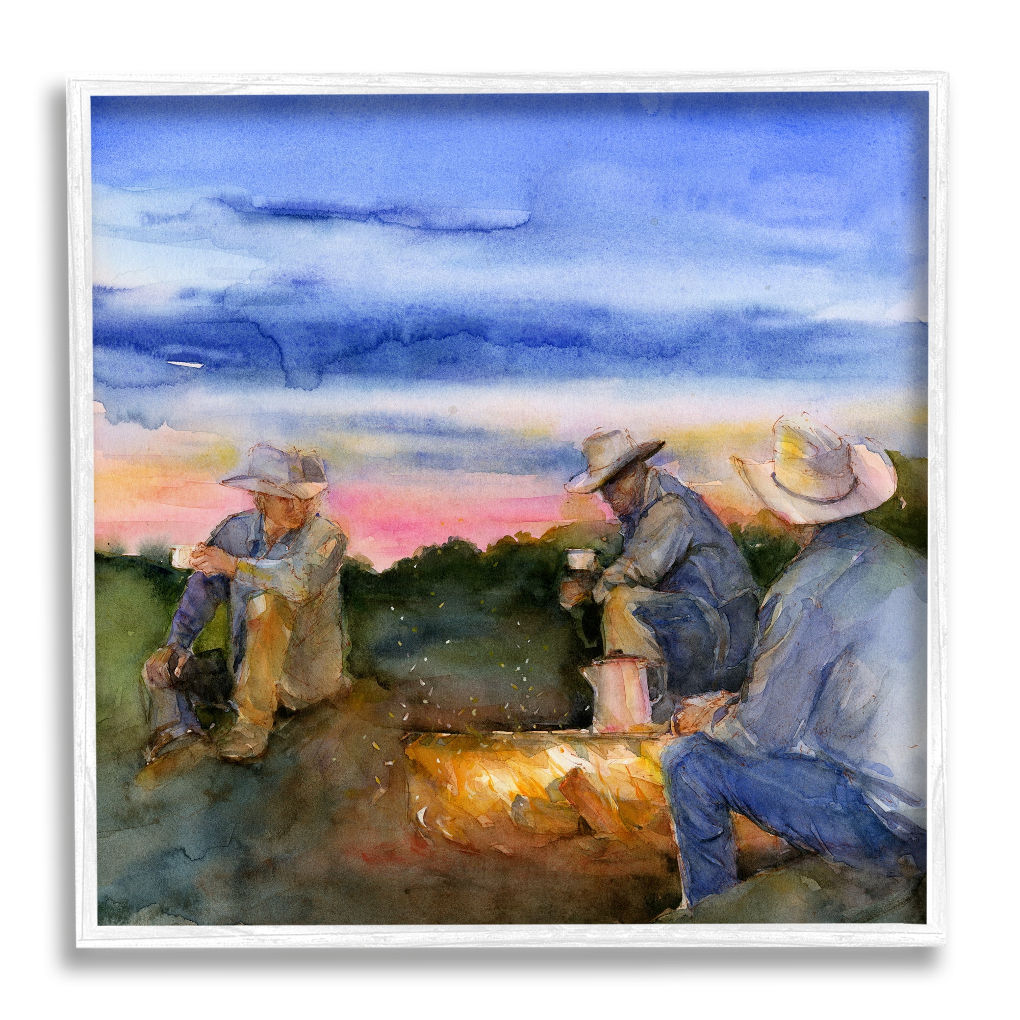Stupell Industries Cowboys Around Campfire Landscape Painting White Framed Art Print Wall Art, 17 x 17