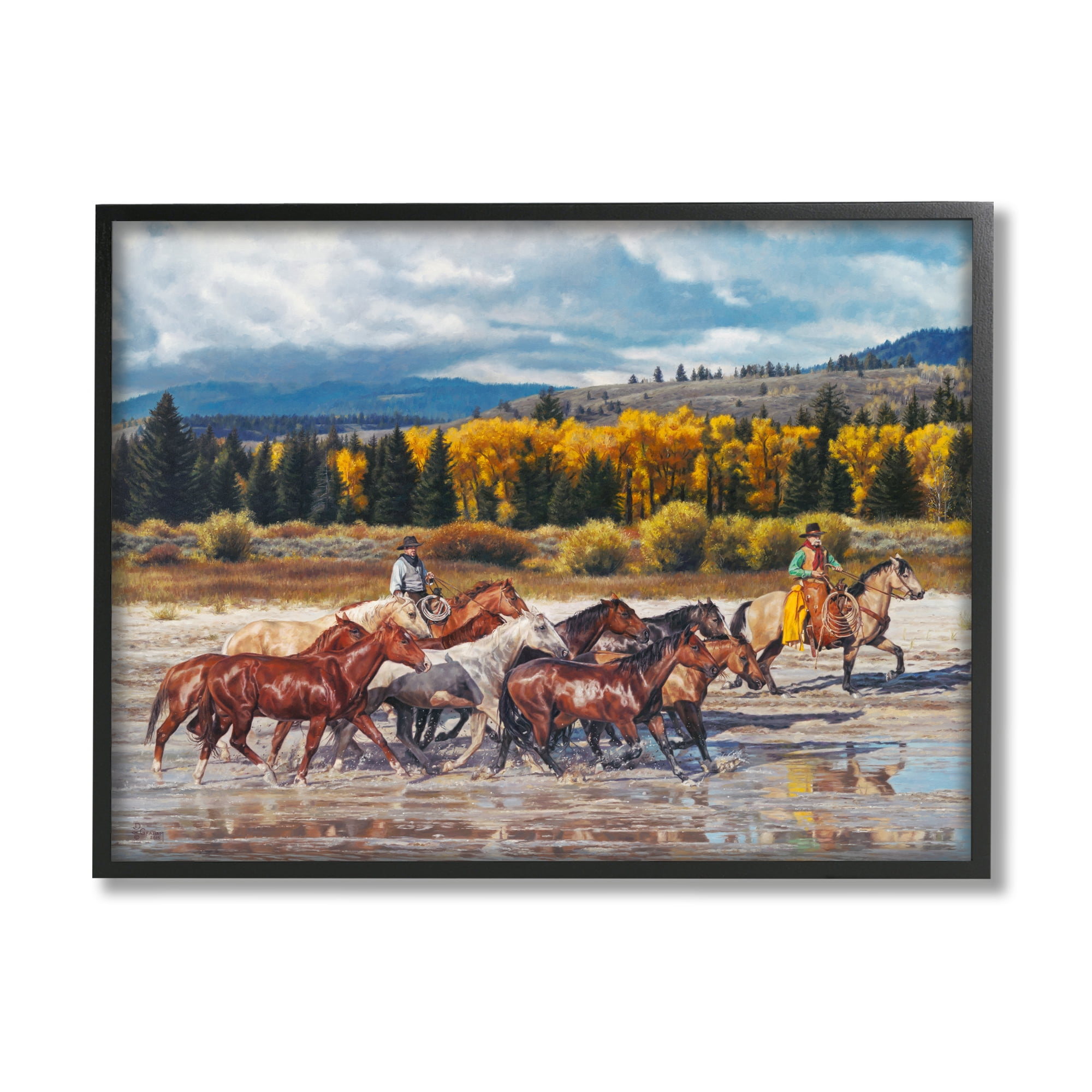 Stupell Industries Cowboys Galloping River Landscape Animals & Insects Painting Black Framed Art Print Wall Art