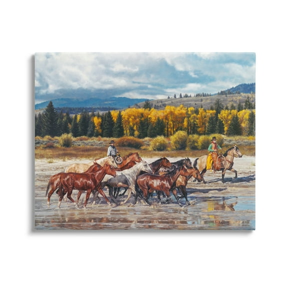 Stupell Industries Cowboys Galloping River Landscape Animals & Insects Painting Gallery Wrapped Canvas Print Wall Art