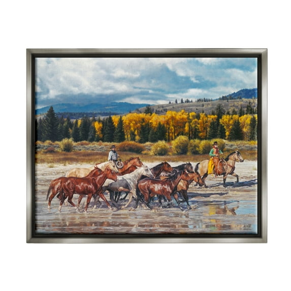 Stupell Industries Cowboys Galloping River Landscape Animals & Insects Painting Gray Floater Framed Art Print Wall Art