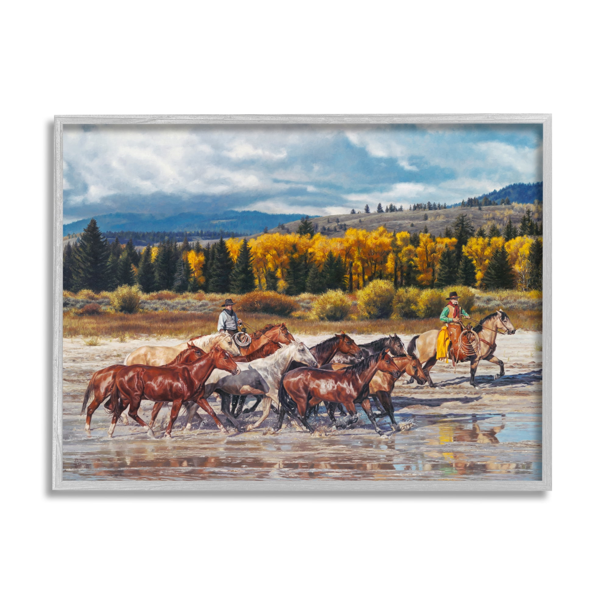 Stupell Industries Cowboys Galloping River Landscape Animals & Insects Painting Gray Framed Art Print Wall Art