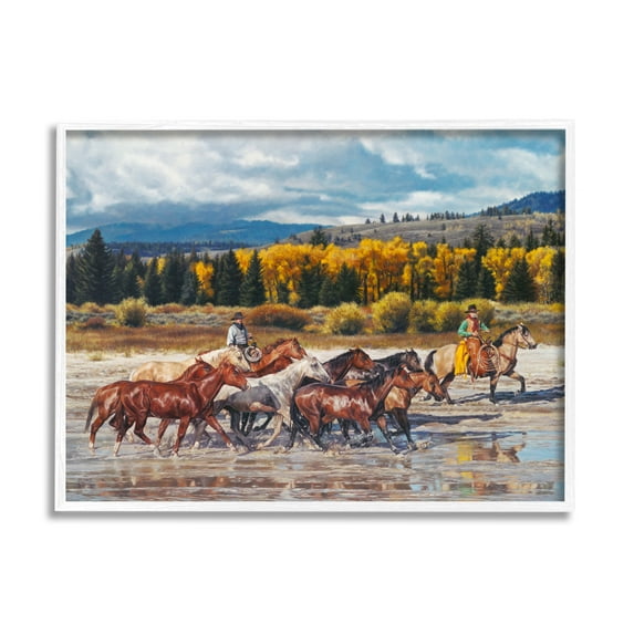 Stupell Industries Cowboys Galloping River Landscape Animals & Insects Painting White Framed Art Print Wall Art