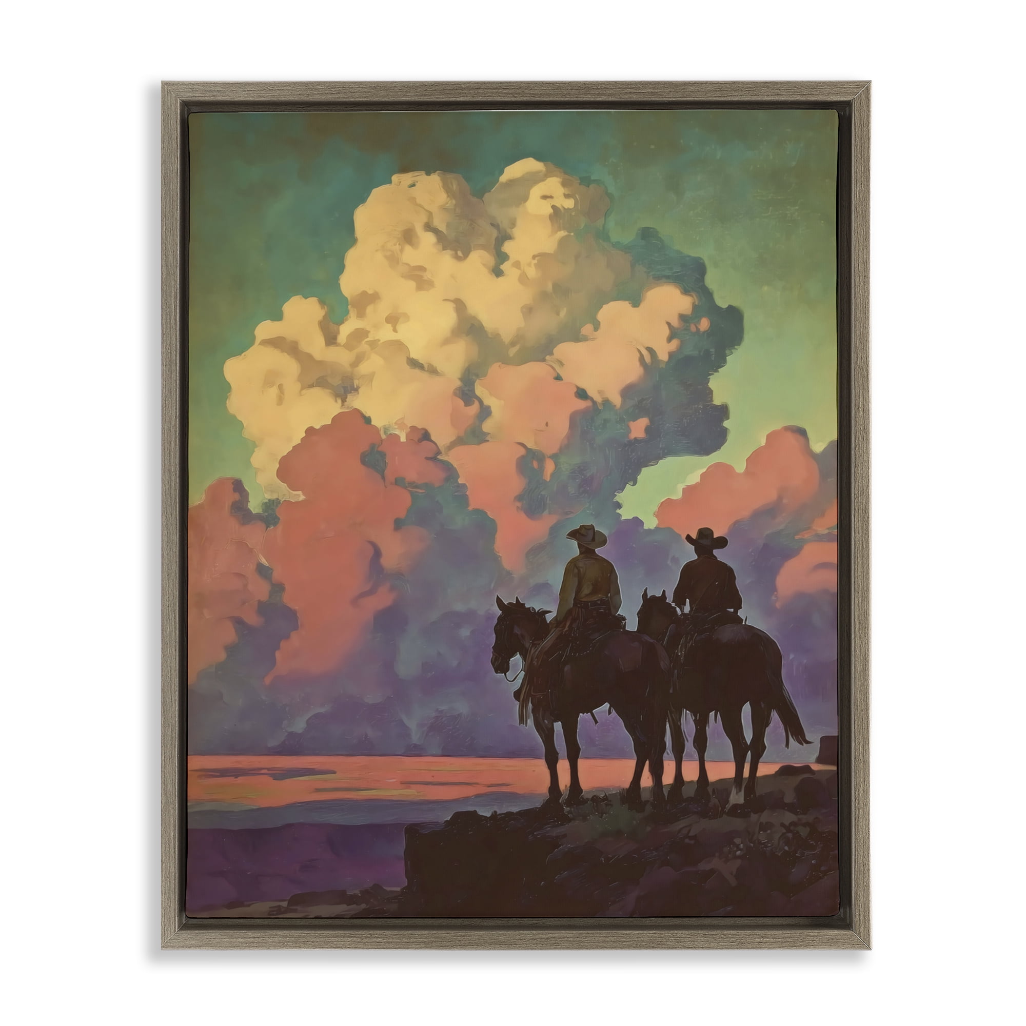 Stupell Industries Cowboys Silhouetted Against Clouds Brown Framed Floater Canvas Wall Art, design by Arlington Prints