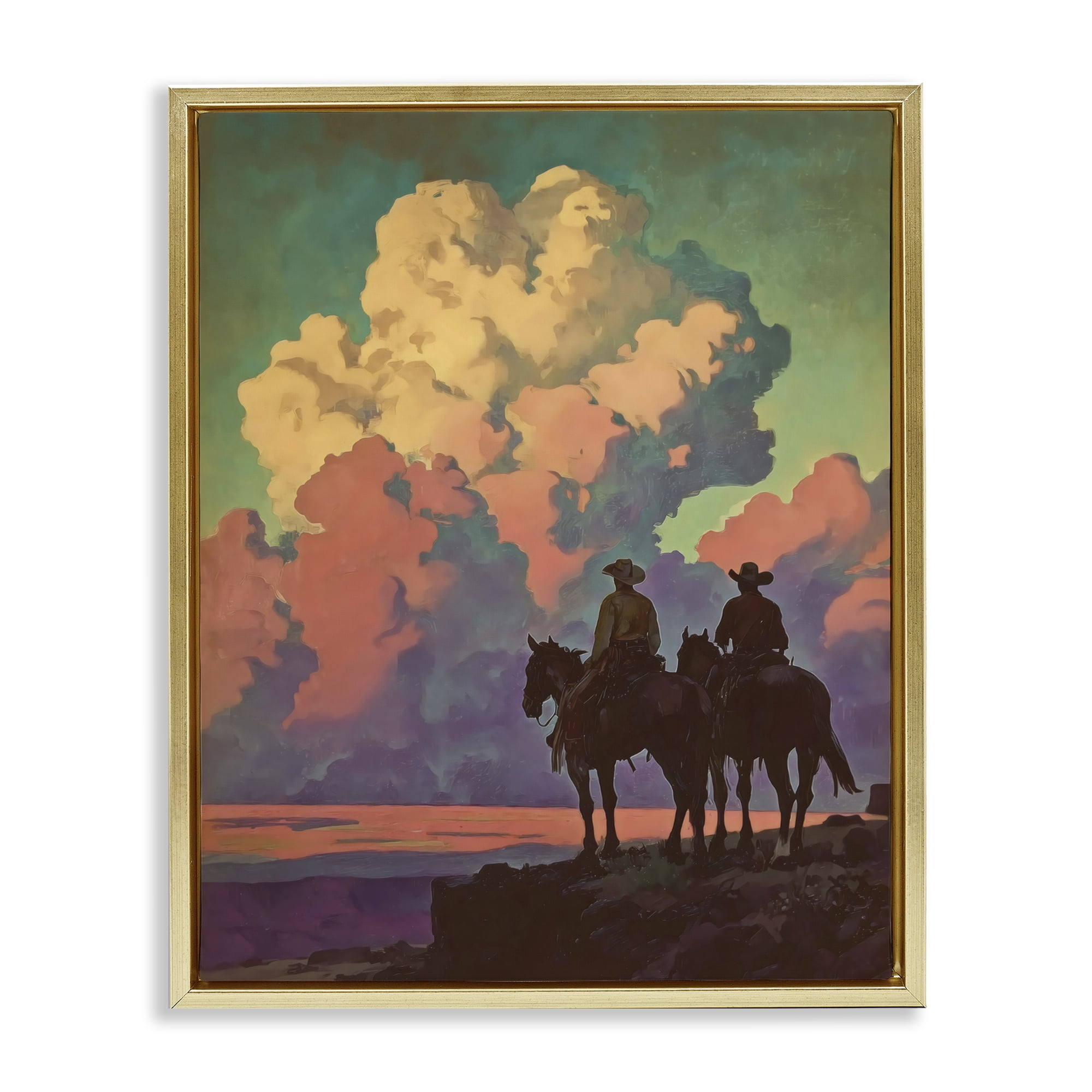 Stupell Industries Cowboys Silhouetted Against Clouds Gold Framed Floater Canvas Wall Art, design by Arlington Prints