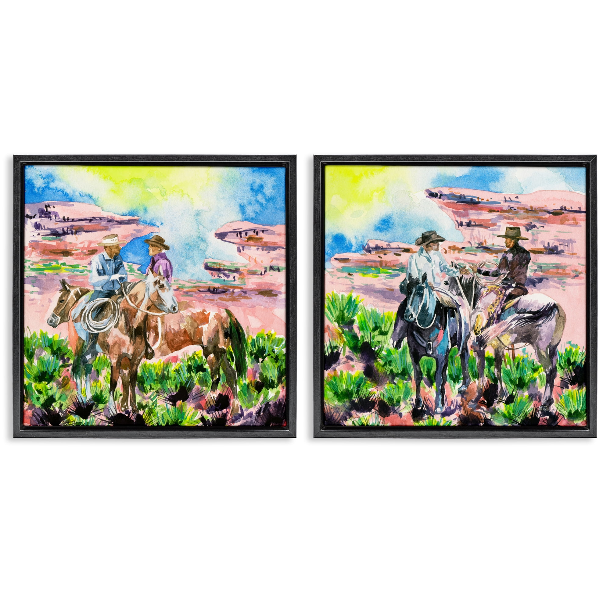 Stupell Industries Cowboys Under Western Sun Landscape & Nature Painting Black Floater Framed Canvas Art Print Wall Art, 18 x 18, Set of 2