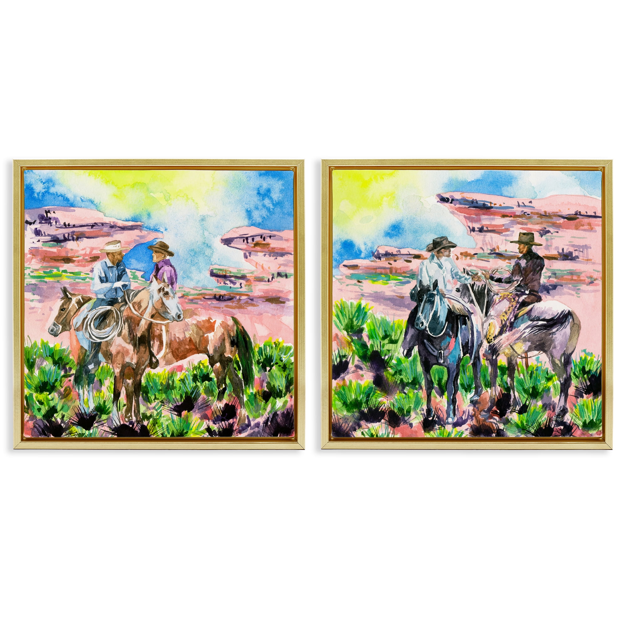 Stupell Industries Cowboys Under Western Sun Landscape & Nature Painting Gold Floater Framed Canvas Art Print Wall Art, 18 x 18, Set of 2