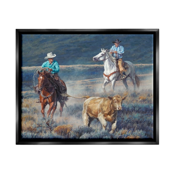 Stupell Industries Cowboys Wrangling Cattle Animals & Insects Painting Black Floater Framed Art Print Wall Art, 21 x 17