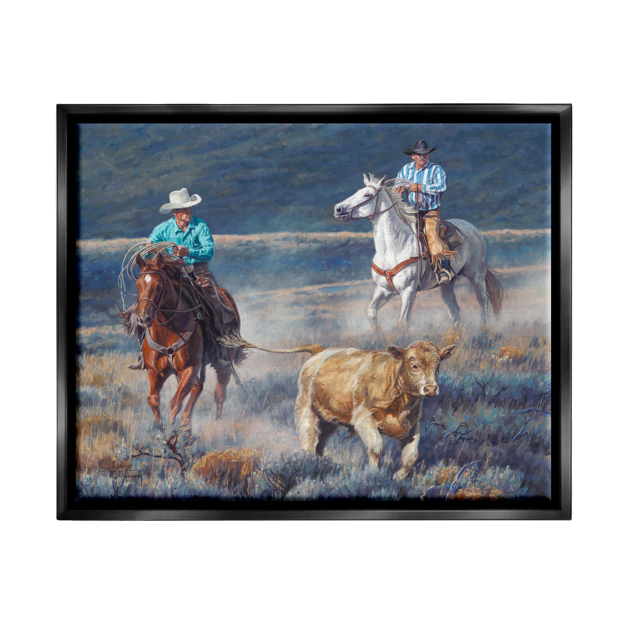 Stupell Industries Cowboys Wrangling Cattle Animals & Insects Painting Black Floater Framed Art Print Wall Art, 31 x 25
