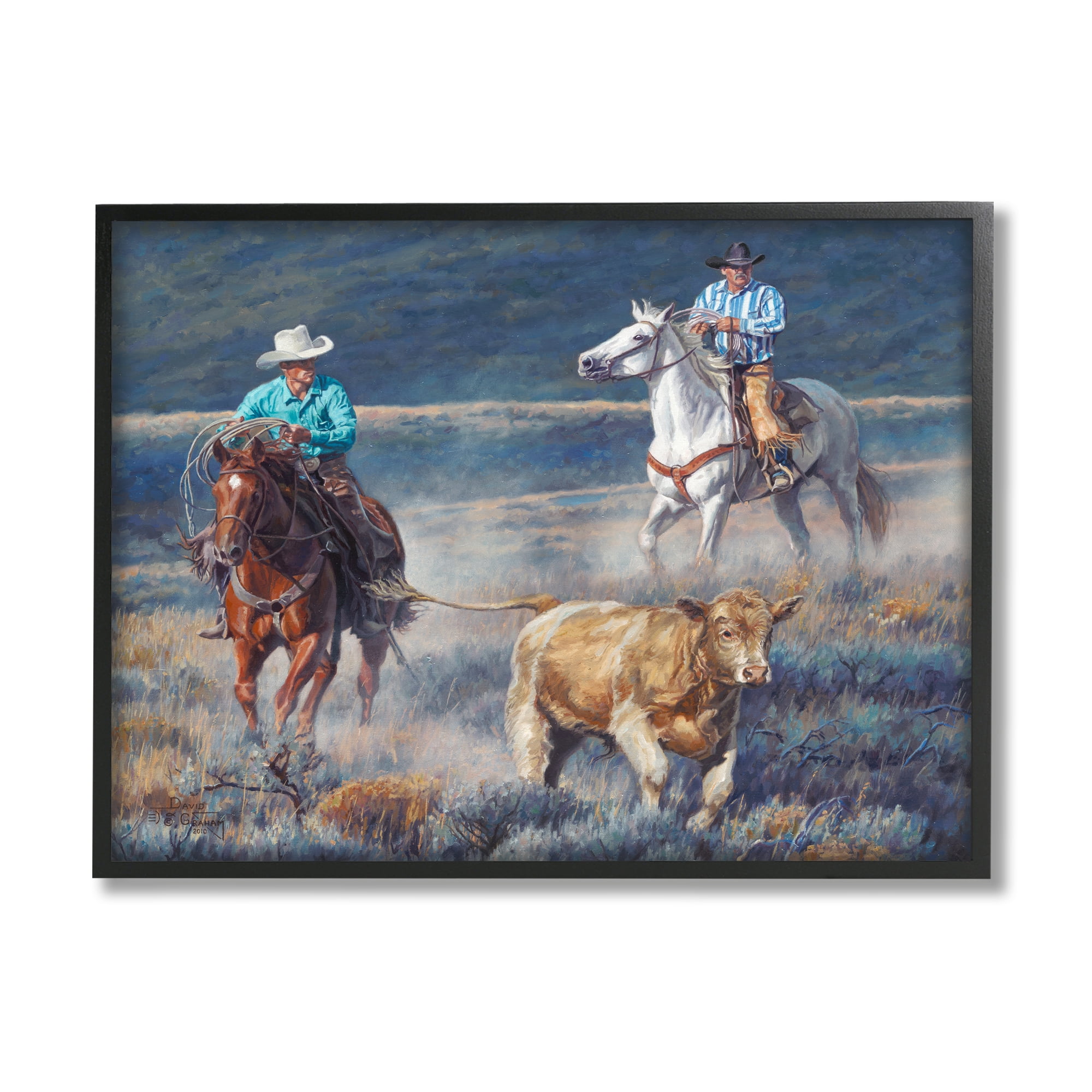 Stupell Industries Cowboys Wrangling Cattle Animals & Insects Painting Black Framed Art Print Wall Art, 20 x 16