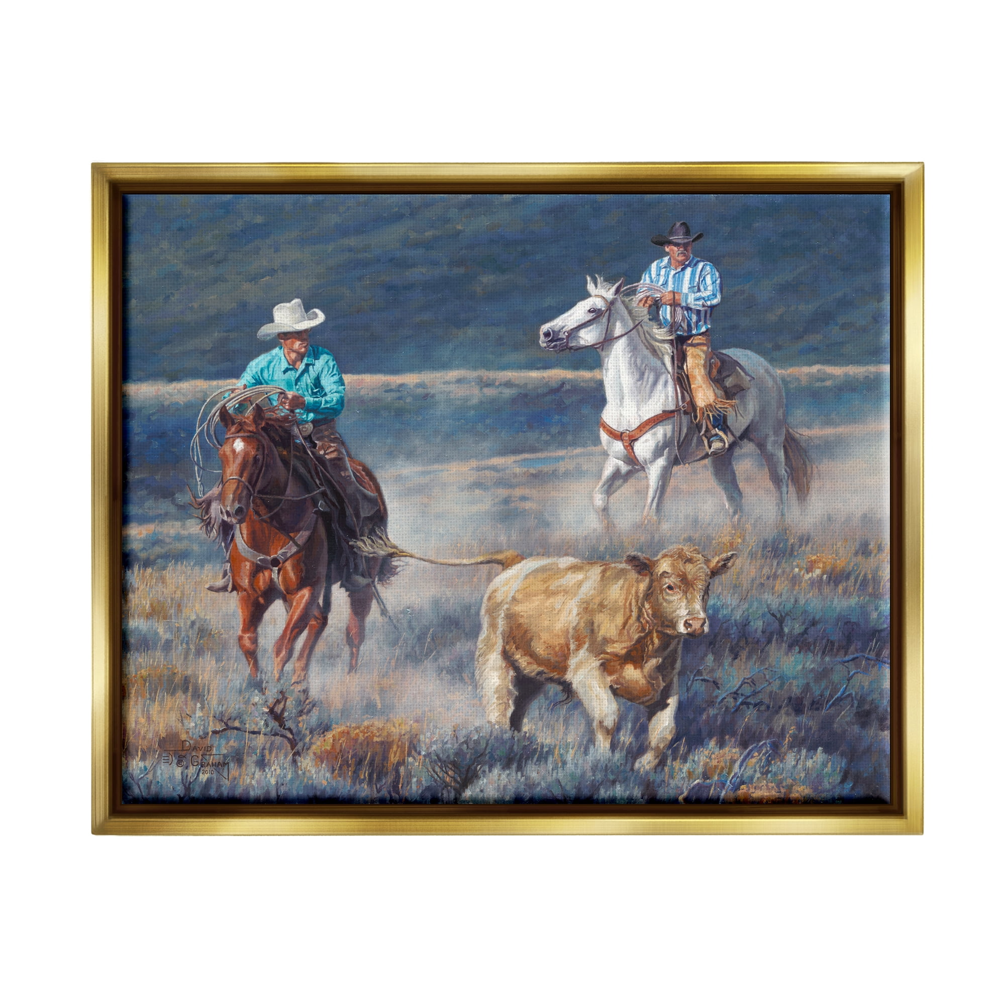 Stupell Industries Cowboys Wrangling Cattle Animals & Insects Painting Gold Floater Framed Art Print Wall Art, 31 x 25