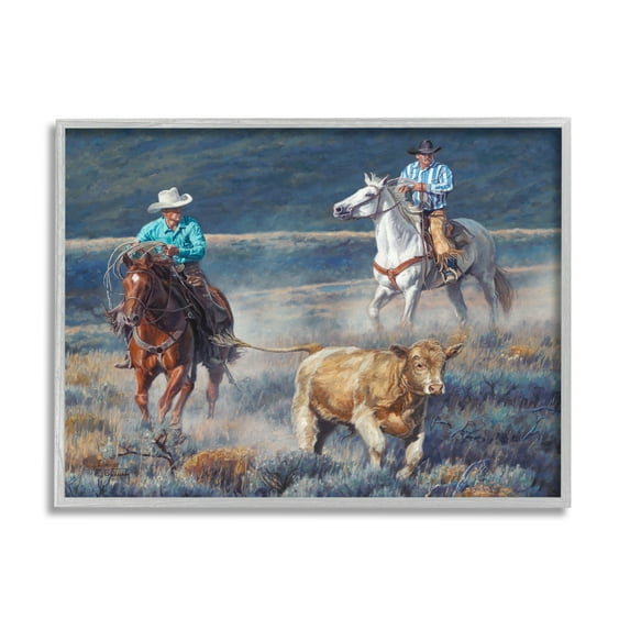 Stupell Industries Cowboys Wrangling Cattle Animals & Insects Painting Gray Framed Art Print Wall Art, 14 x 11