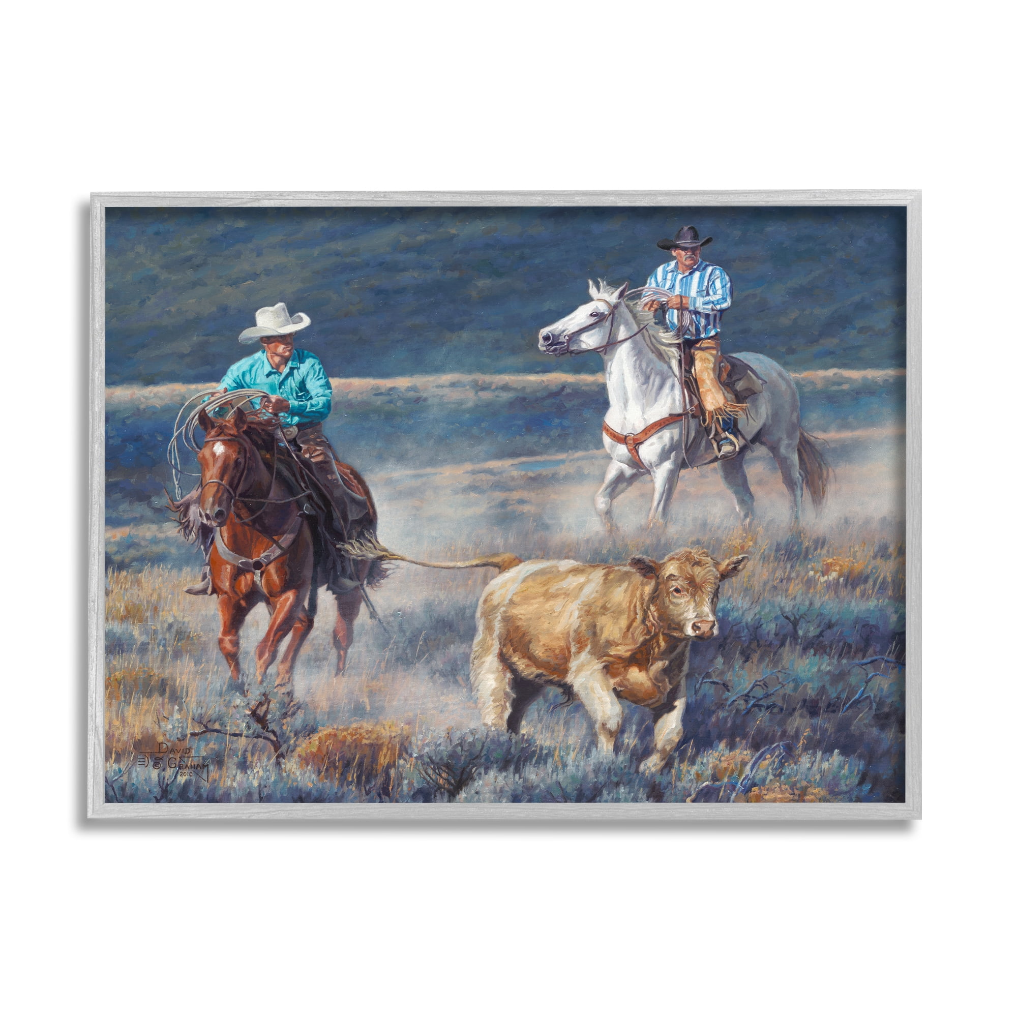 Stupell Industries Cowboys Wrangling Cattle Animals & Insects Painting Gray Framed Art Print Wall Art, 30 x 24