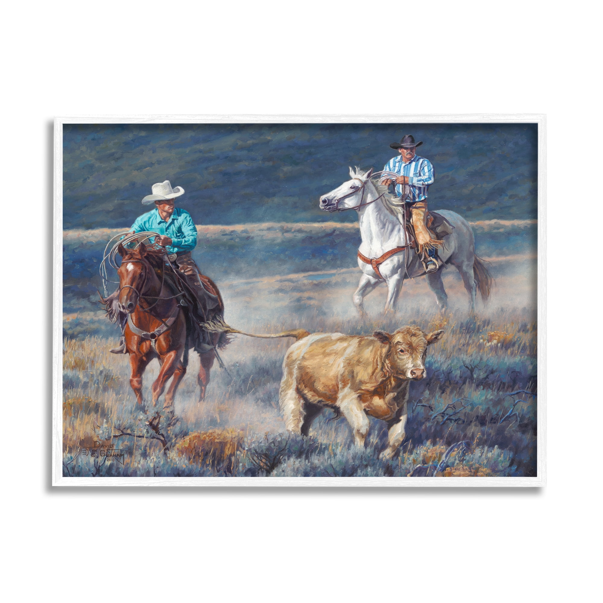 Stupell Industries Cowboys Wrangling Cattle Animals & Insects Painting White Framed Art Print Wall Art, 30 x 24