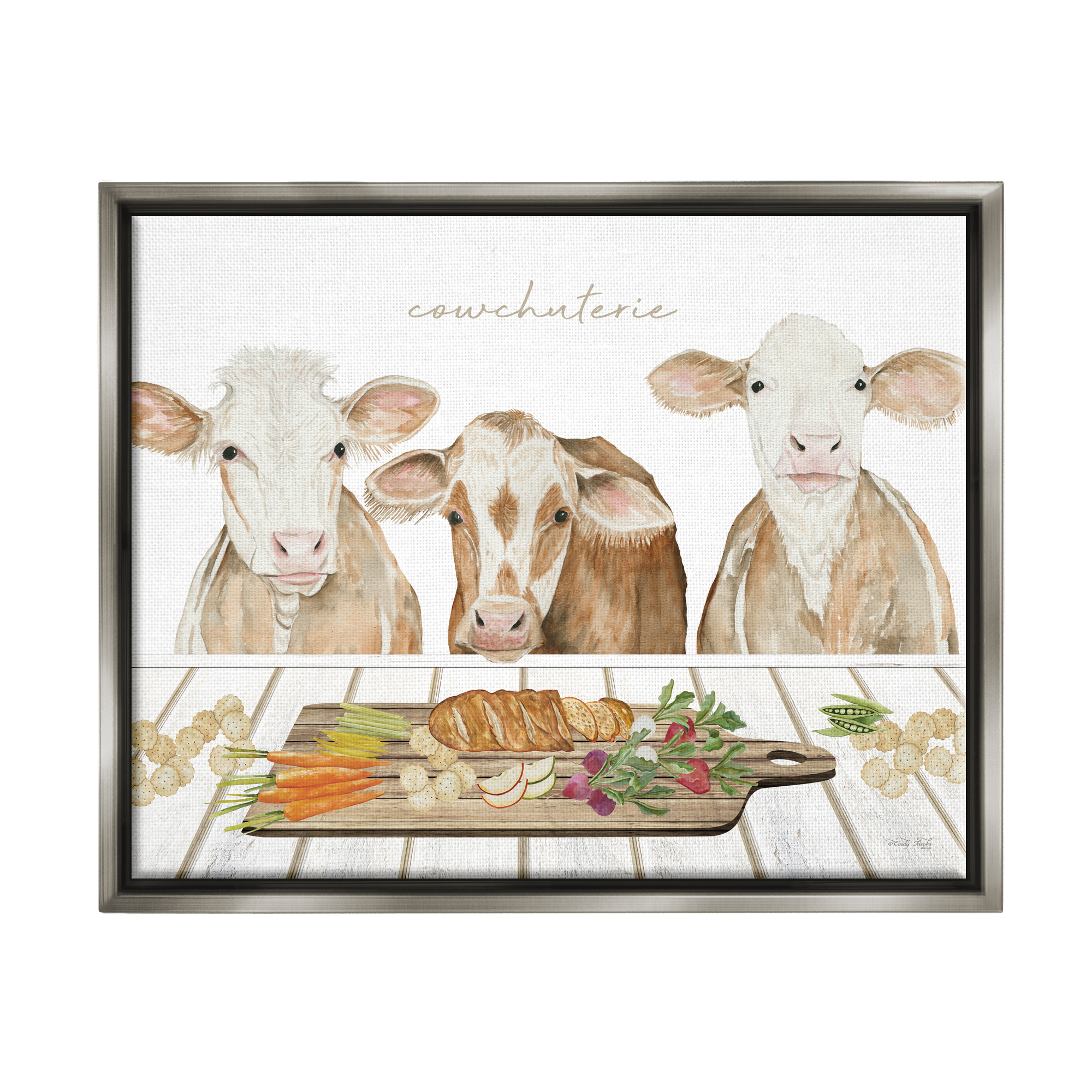 Stupell Industries Cowchuterie Funny Cows Animals & Insects Painting Gray Floater Framed Art Print Wall Art, 21 x 17
