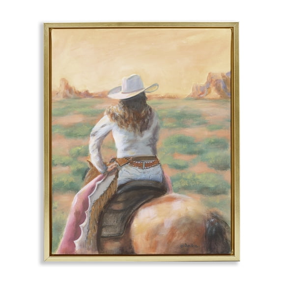 Stupell Industries Cowgirl Atop Country Horse People Painting Gold Floater Framed Canvas Art Print Wall Art, 17 x 21