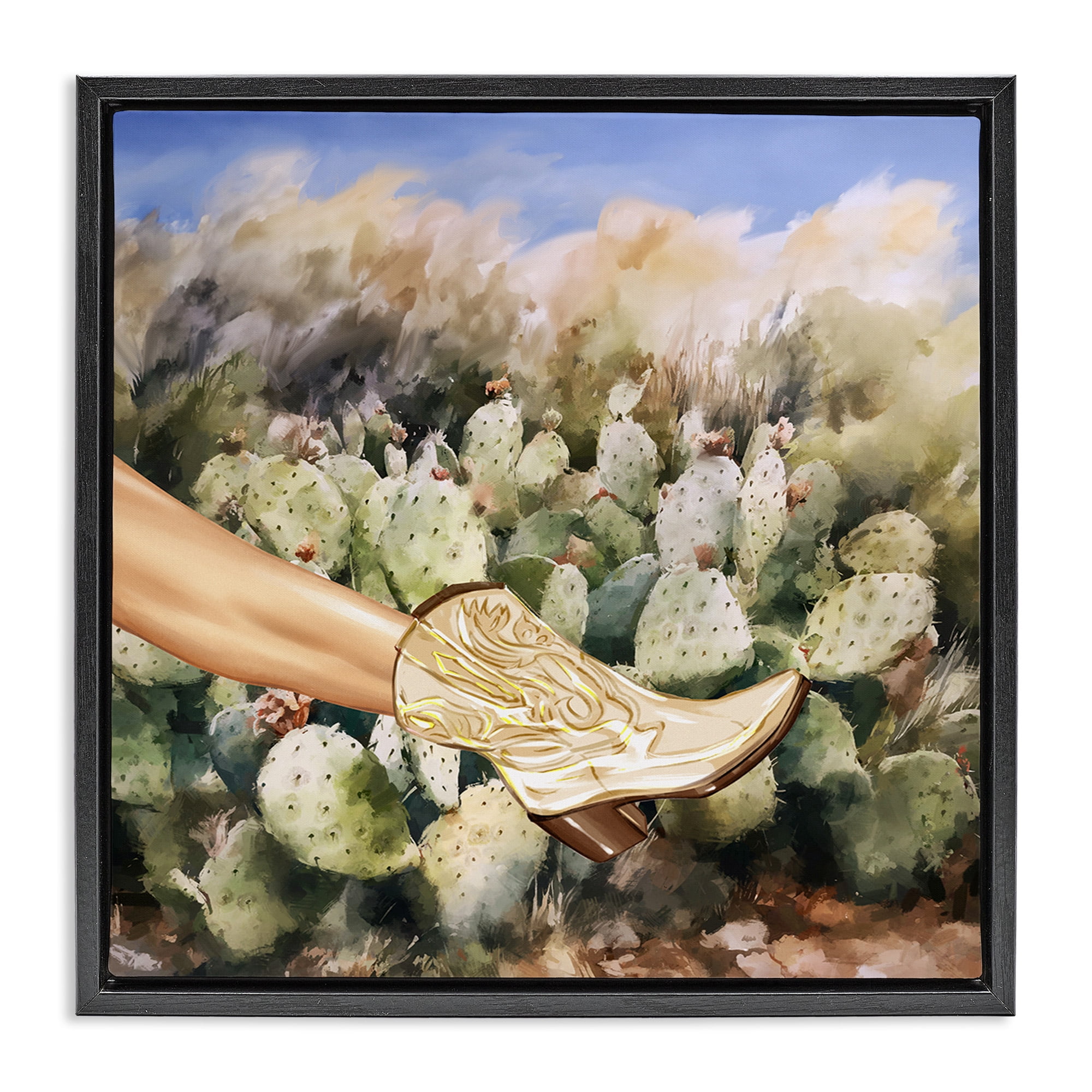 Stupell Industries Cowgirl Boot & Cactus Botanical & Floral Painting Black Floater Framed Canvas Art Print Wall Art, 25 x 25