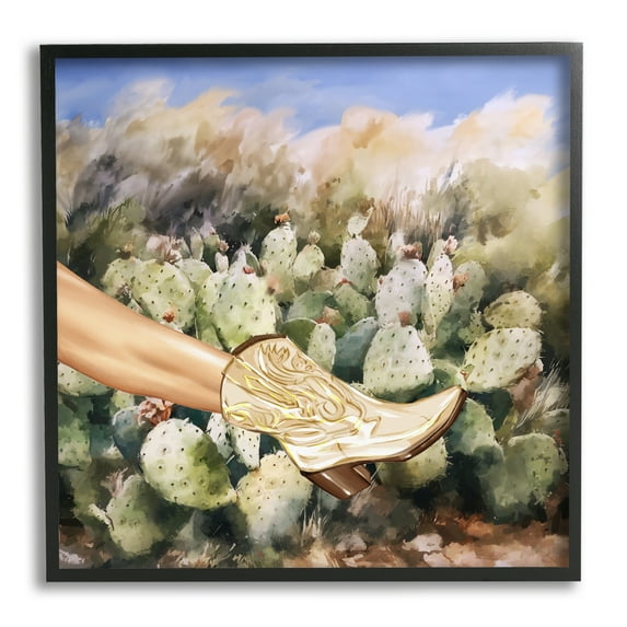Stupell Industries Cowgirl Boot & Cactus Botanical & Floral Painting Black Framed Art Print Wall Art, 17 x 17