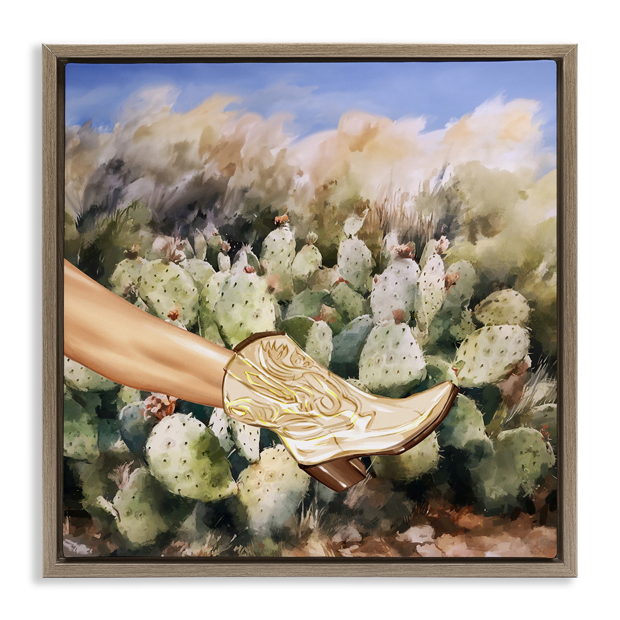 Stupell Industries Cowgirl Boot & Cactus Botanical & Floral Painting Brown Floater Framed Canvas Art Print Wall Art, 18 x 18
