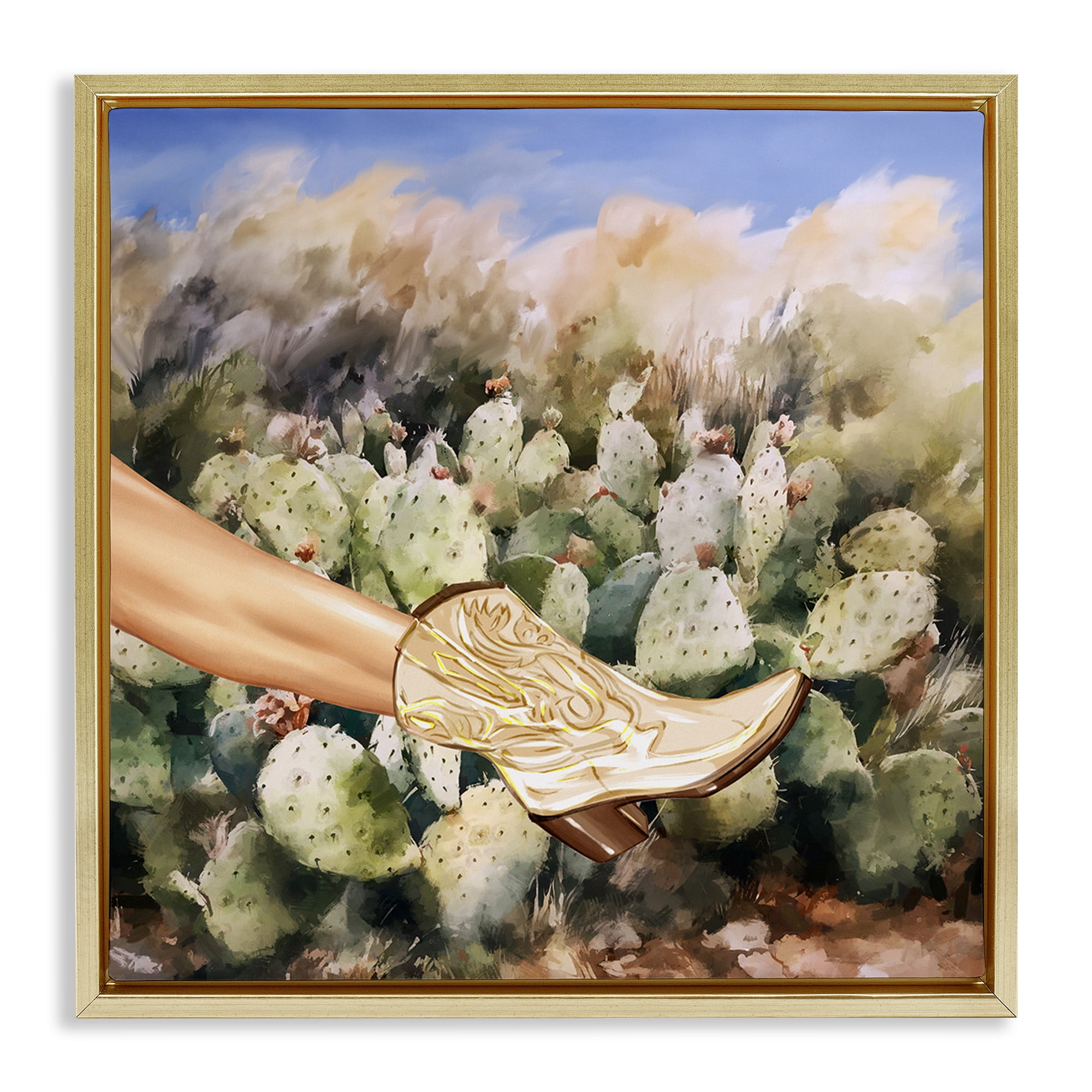 Stupell Industries Cowgirl Boot & Cactus Botanical & Floral Painting Gold Floater Framed Canvas Art Print Wall Art, 18 x 18