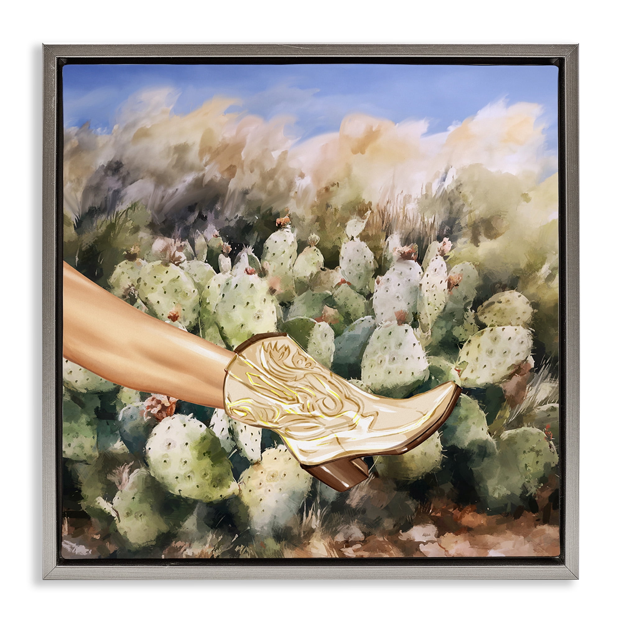 Stupell Industries Cowgirl Boot & Cactus Botanical & Floral Painting Gray Floater Framed Canvas Art Print Wall Art, 18 x 18