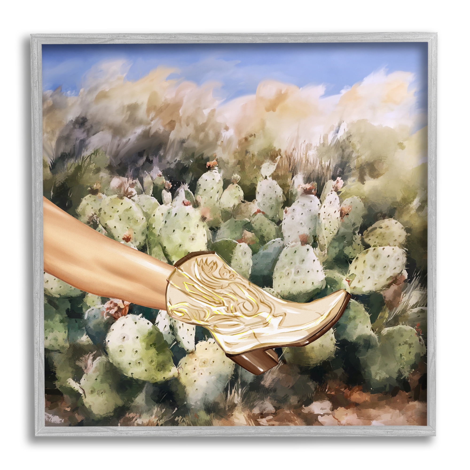 Stupell Industries Cowgirl Boot & Cactus Botanical & Floral Painting Gray Framed Art Print Wall Art, 17 x 17