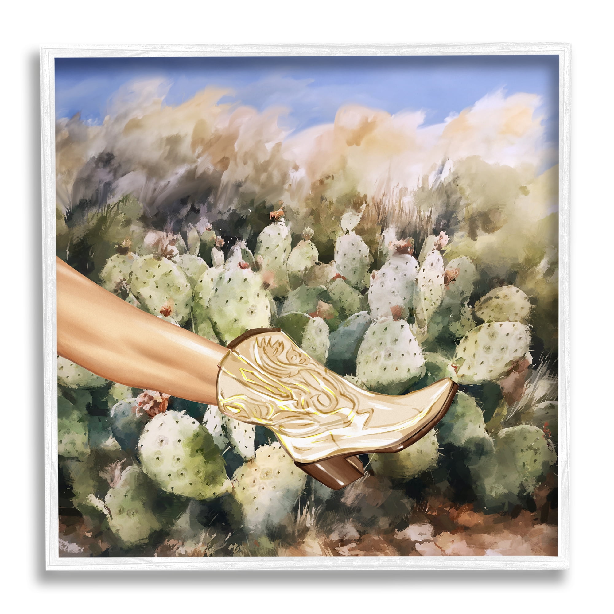 Stupell Industries Cowgirl Boot & Cactus Botanical & Floral Painting White Framed Art Print Wall Art, 12 x 12