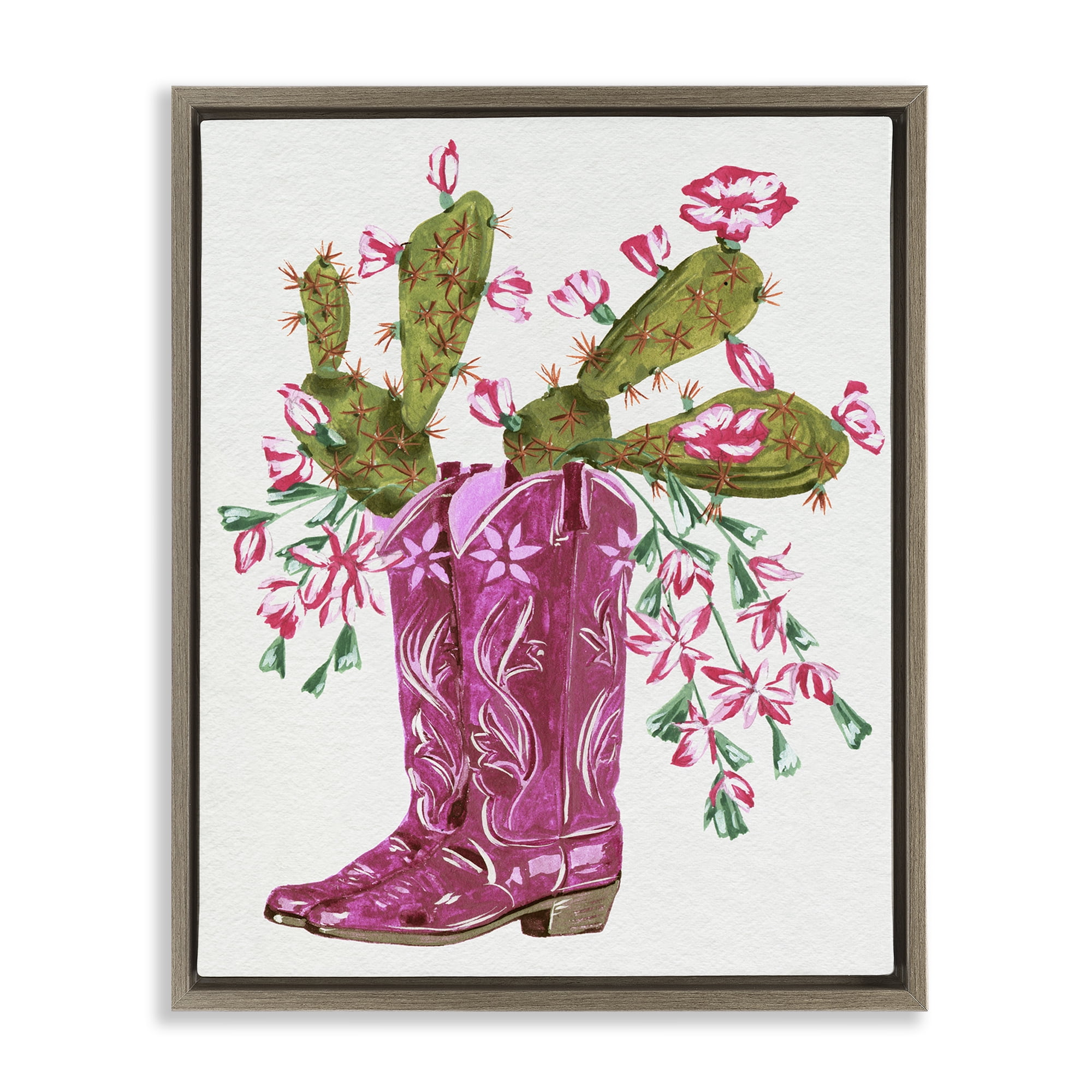 Stupell Industries Cowgirl Boots & Cactus Plants & Flowers Painting Brown Floater Framed Canvas Art Print Wall Art, 17 x 21