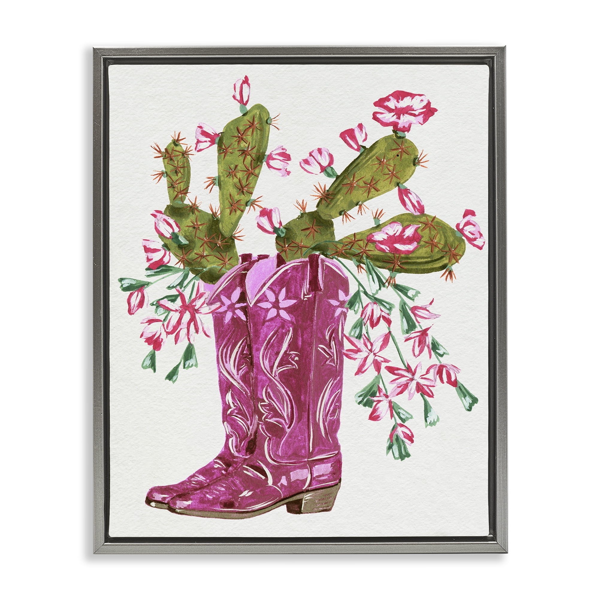 Stupell Industries Cowgirl Boots & Cactus Plants & Flowers Painting Gray Floater Framed Canvas Art Print Wall Art, 17 x 21
