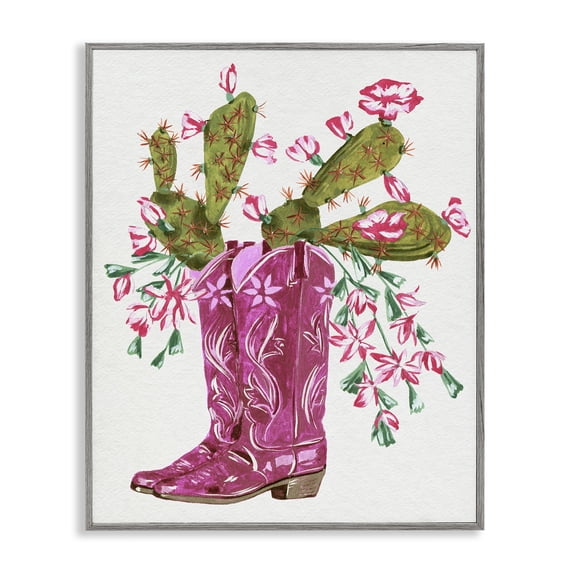 Stupell Industries Cowgirl Boots & Cactus Plants & Flowers Painting Gray Framed Art Print Wall Art, 11 x 14