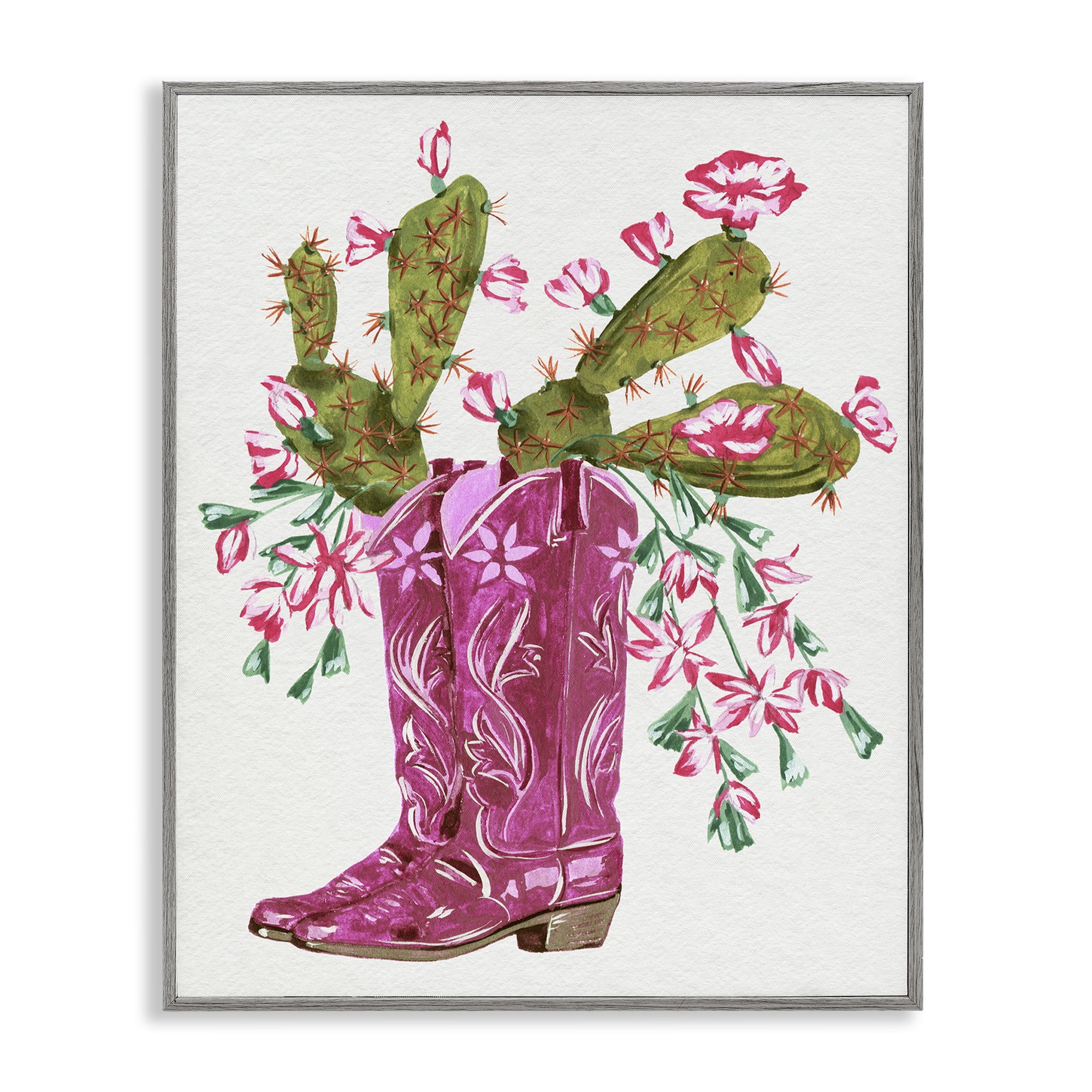 Stupell Industries Cowgirl Boots & Cactus Plants & Flowers Painting Gray Framed Art Print Wall Art, 16 x 20