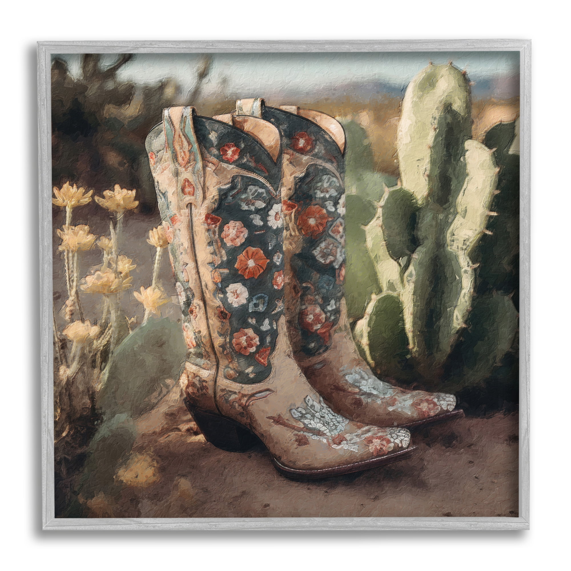 Stupell Industries Cowgirl Boots Landscape Beauty & Fashion Painting Gray Framed Art Print Wall Art, 17 x 17