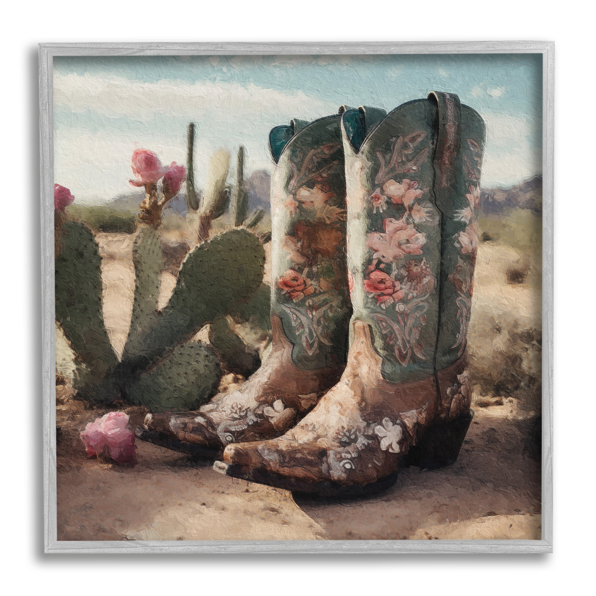 Stupell Industries Cowgirl Boots in Desert Beauty & Fashion Painting Gray Framed Art Print Wall Art, 24 x 24