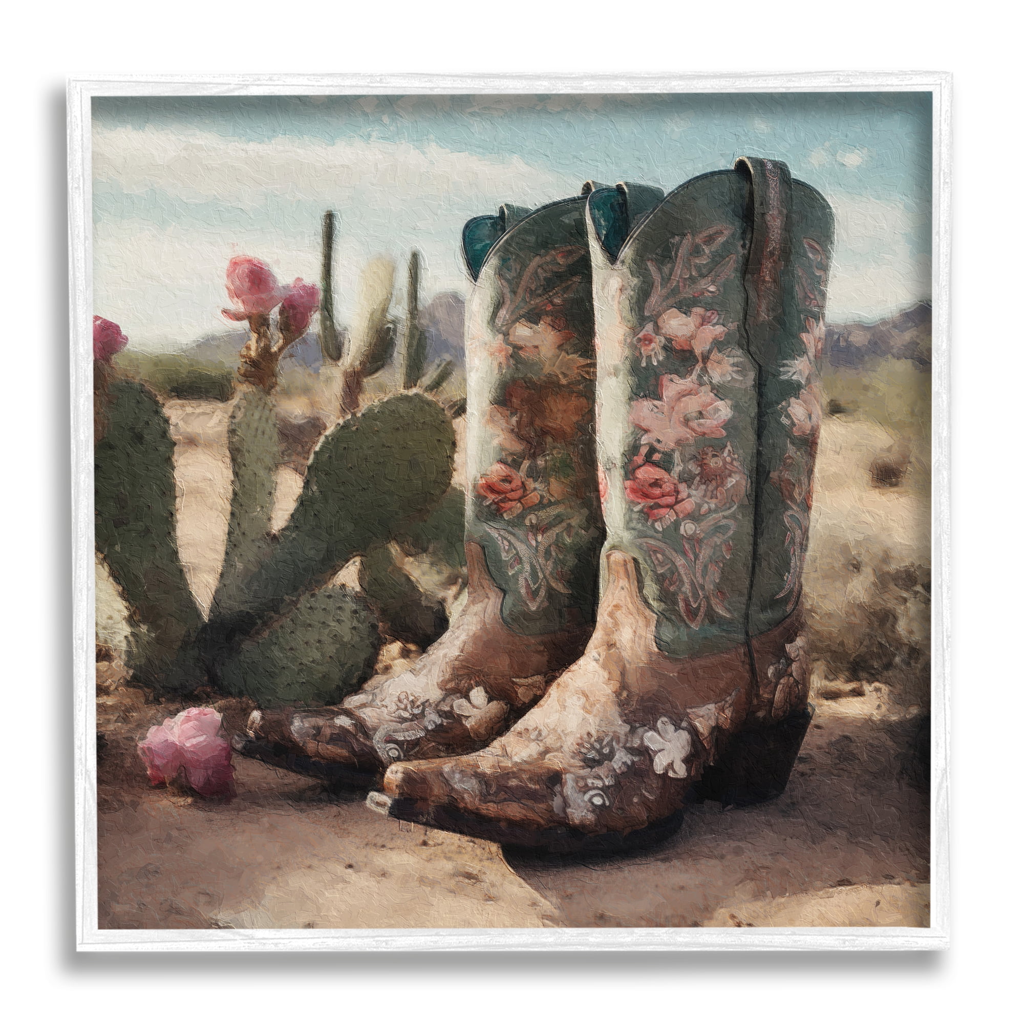 Stupell Industries Cowgirl Boots in Desert Beauty & Fashion Painting White Framed Art Print Wall Art, 17 x 17