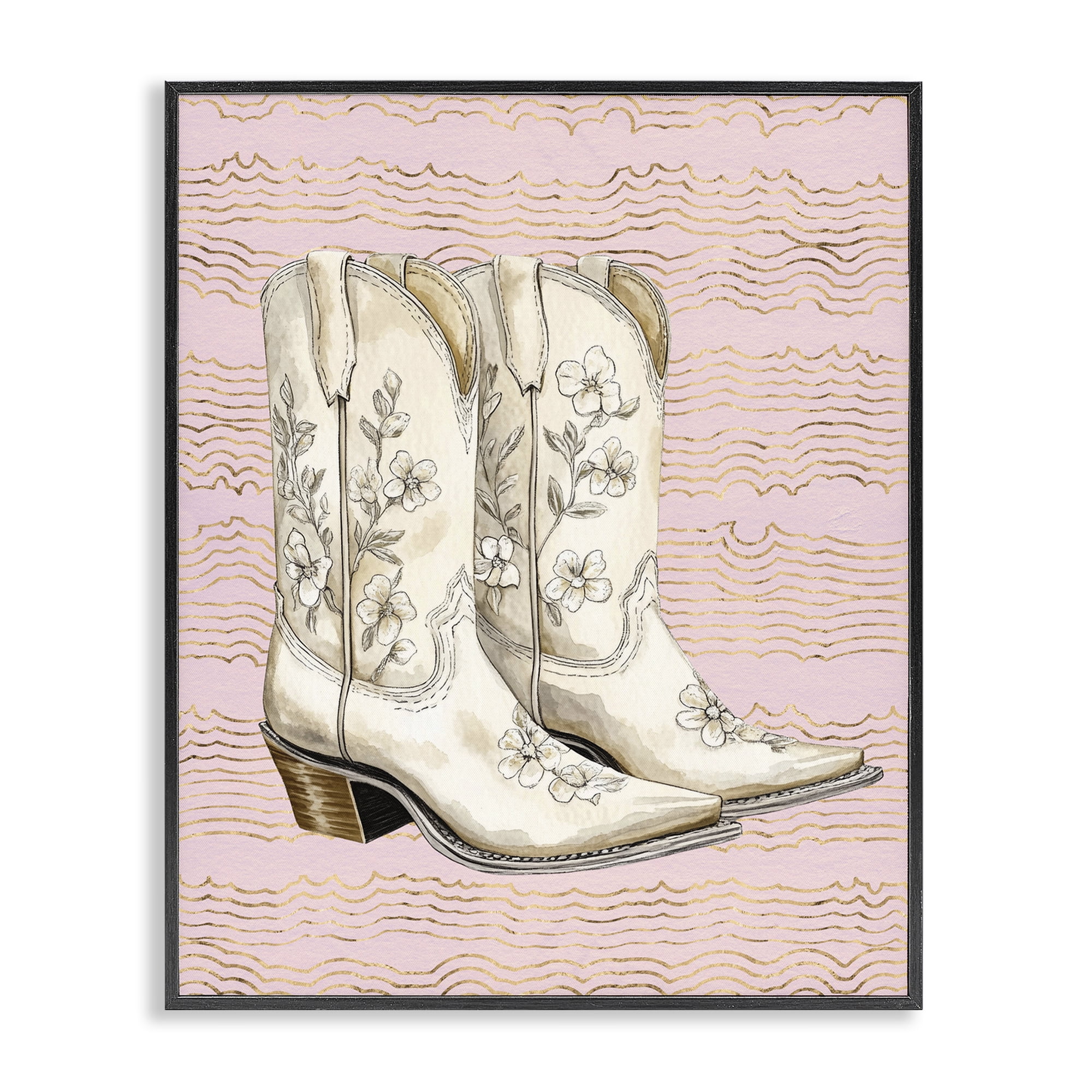 Stupell Industries Cowgirl Boots in White Plants & Flowers Painting Black Framed Art Print Wall Art, 11 x 14