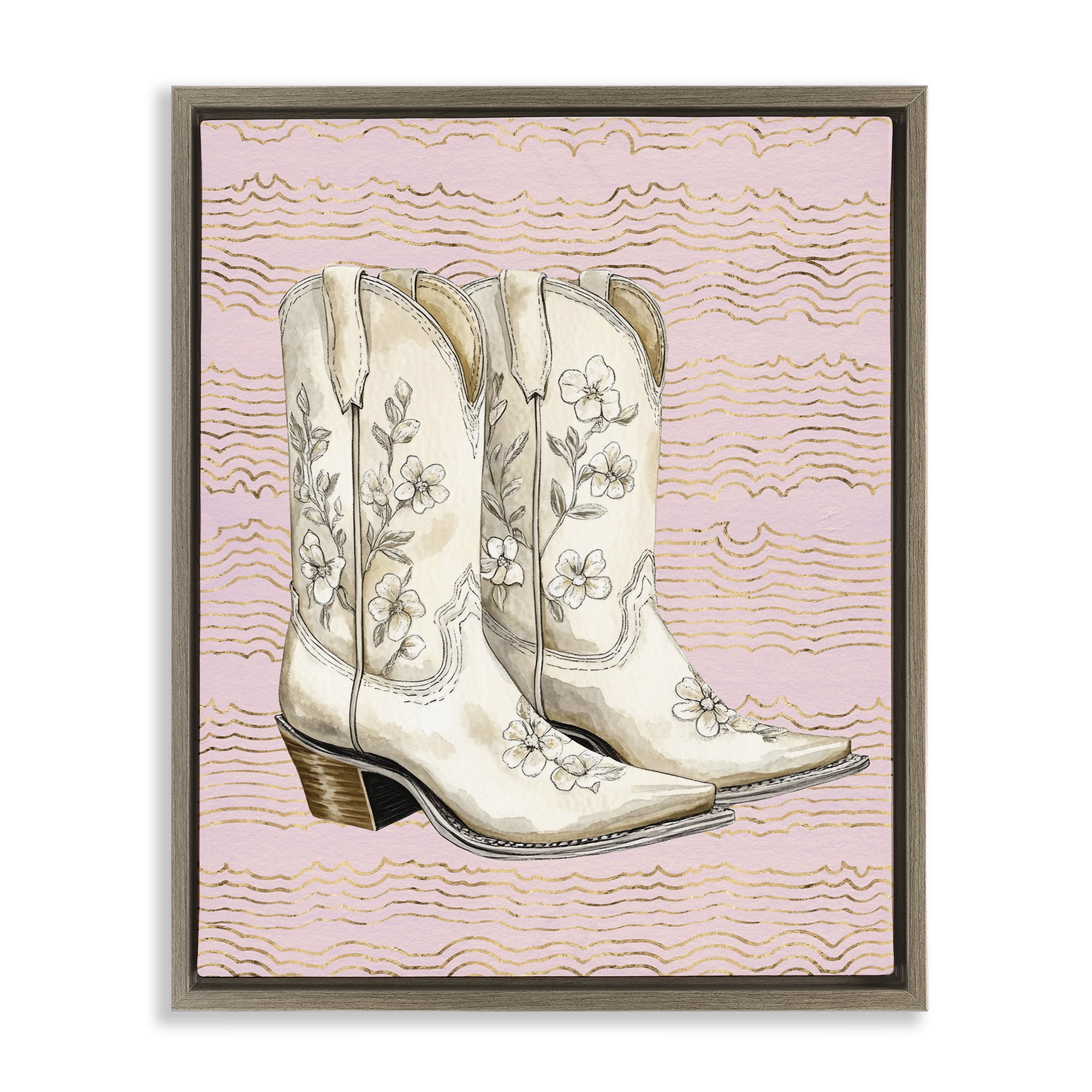 Stupell Industries Cowgirl Boots in White Plants & Flowers Painting Brown Floater Framed Canvas Art Print Wall Art, 25 x 31