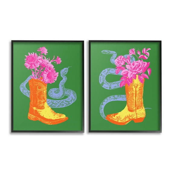 Stupell Industries Cowgirl Bouquets & Snakes Botanical & Floral Painting Black Framed Art Print Wall Art, 16 x 20, Set of 2